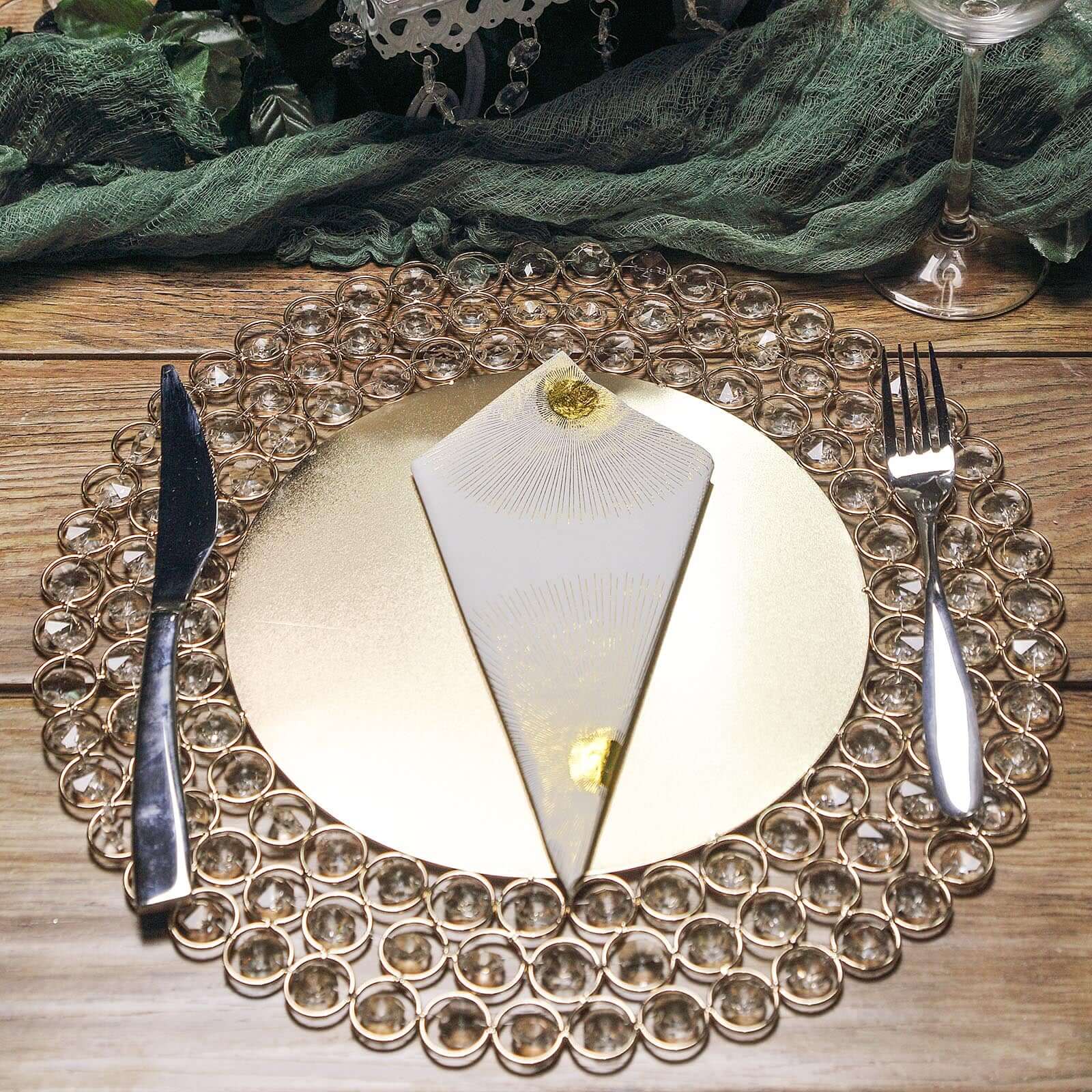 Wired Metal Round Charger Plate 14 in Gold with Acrylic Crystal Beads, Glamorous Decorative Dinner Charger Tableware