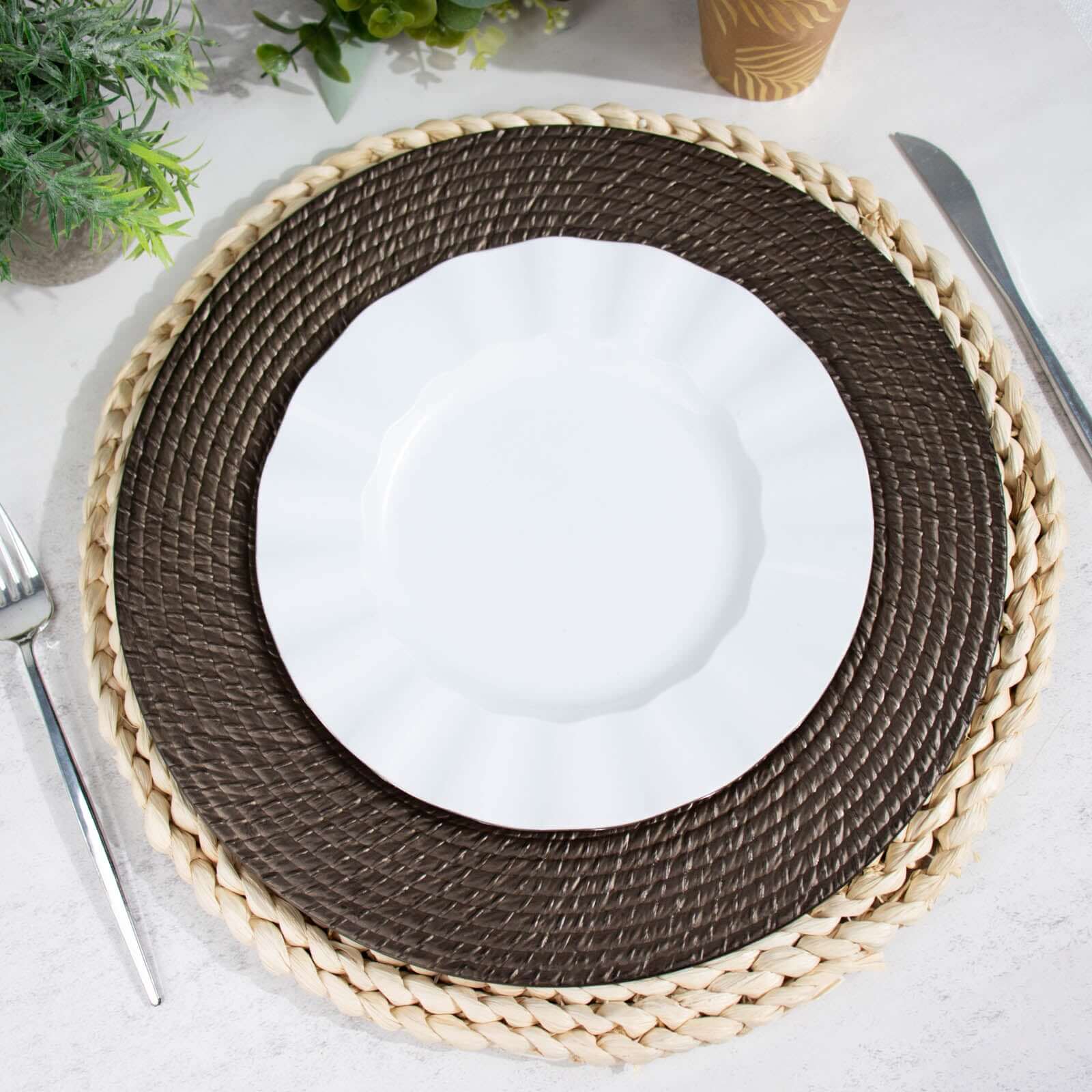 6-Pack Acrylic Round Charger Plates 13 in Natural Brown with Rattan-Like Design, Farmhouse Disposable Plastic Charger Tableware