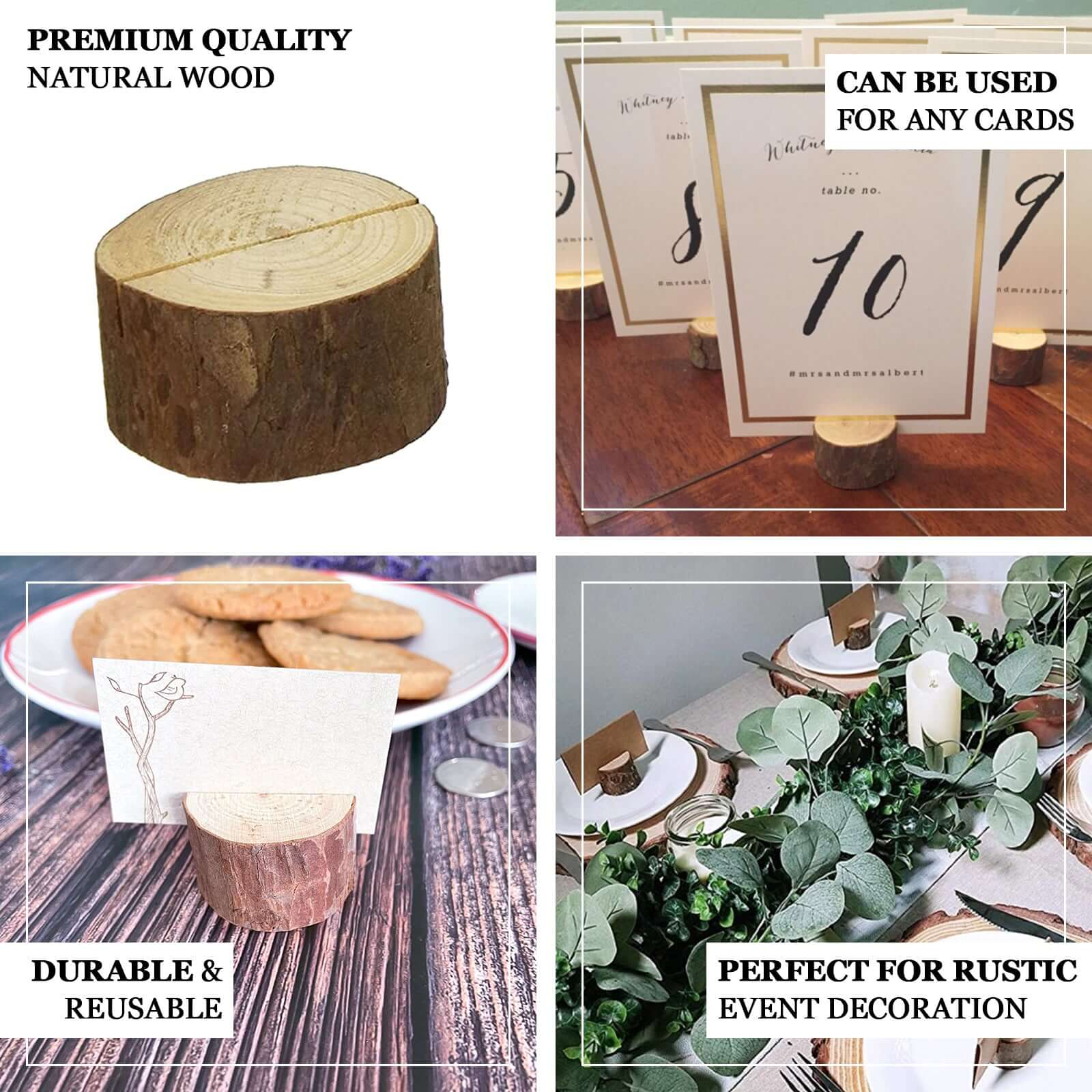 4-Pack Wood Stump Place Card Holders Rustic Natural Design - Boho Chic Decor for Tables