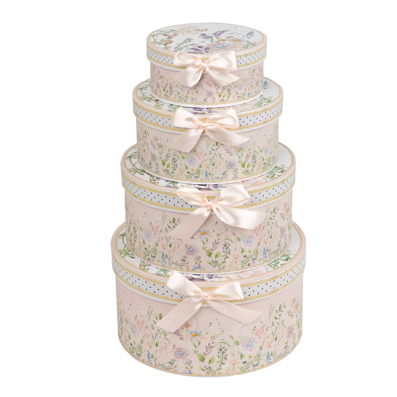 Set of 4 Cardstock Round Nesting Gift Boxes Blush Floral Design - Decorative Heavy Duty Stackable Keepsake Boxes With Lids for Presents Storage & Pedestal Stand 5,7,8,9