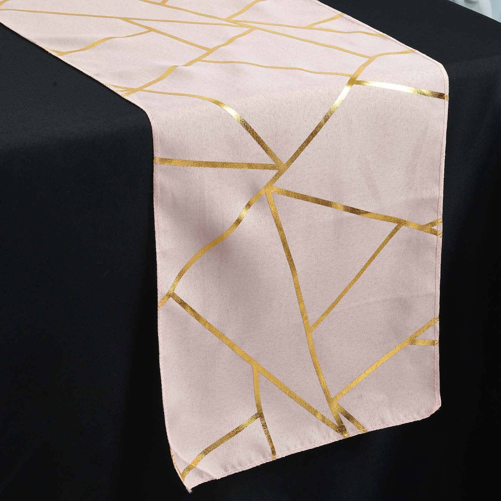 Polyester 9ft Table Runner Blush with Gold Foil Modern Geometric Accent