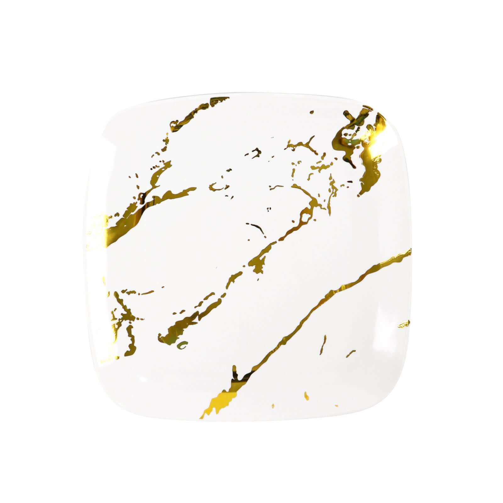 10-Pack Plastic 8 Square Dessert Plates in White with Gold Marble Design - Disposable Appetizer Salad Party Plates for Weddings, Banquets & Special Events