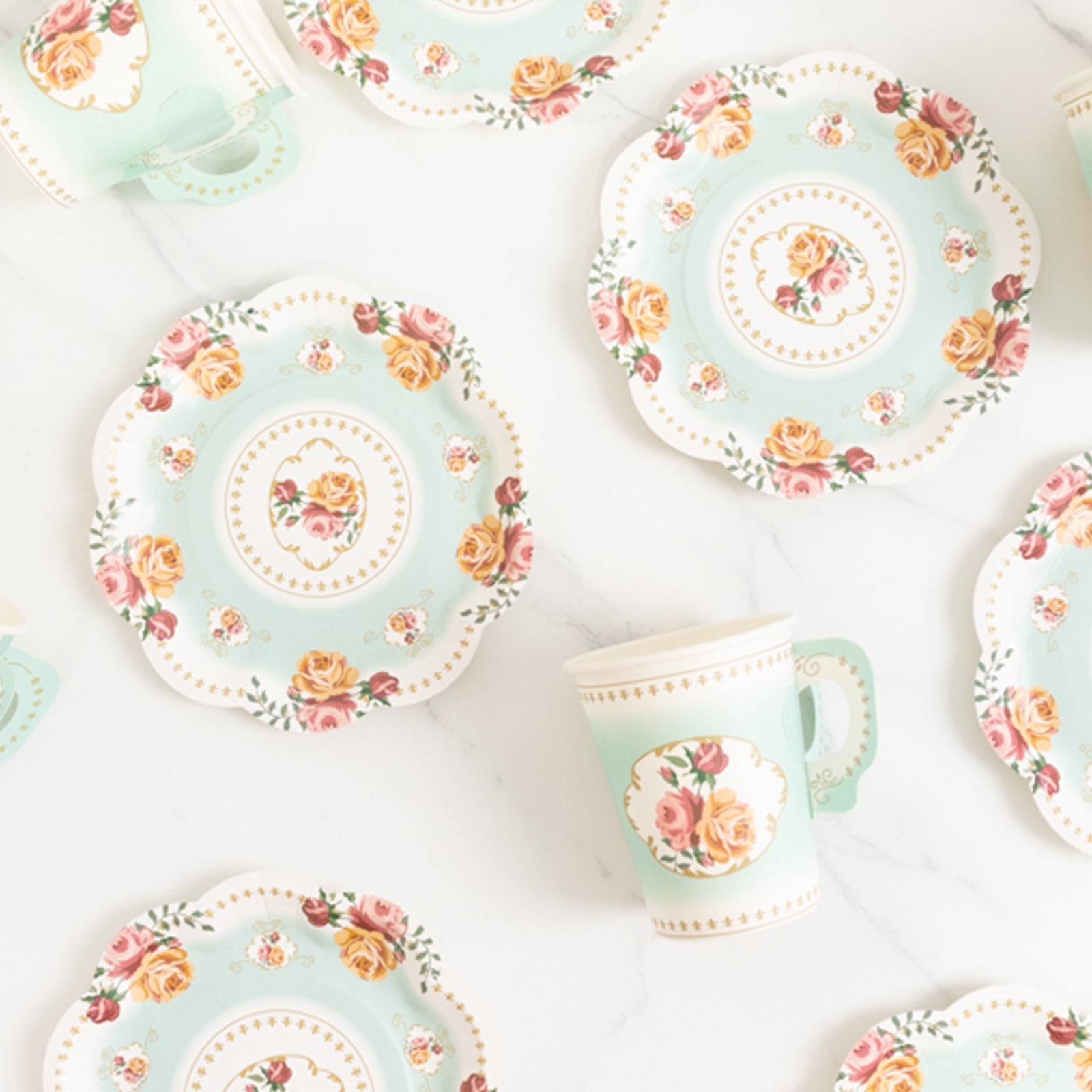 Set of 25 Paper Cups and Saucers in Turquoise with Rose Floral Print - Vintage Inspired Disposable Tea Party Decorations