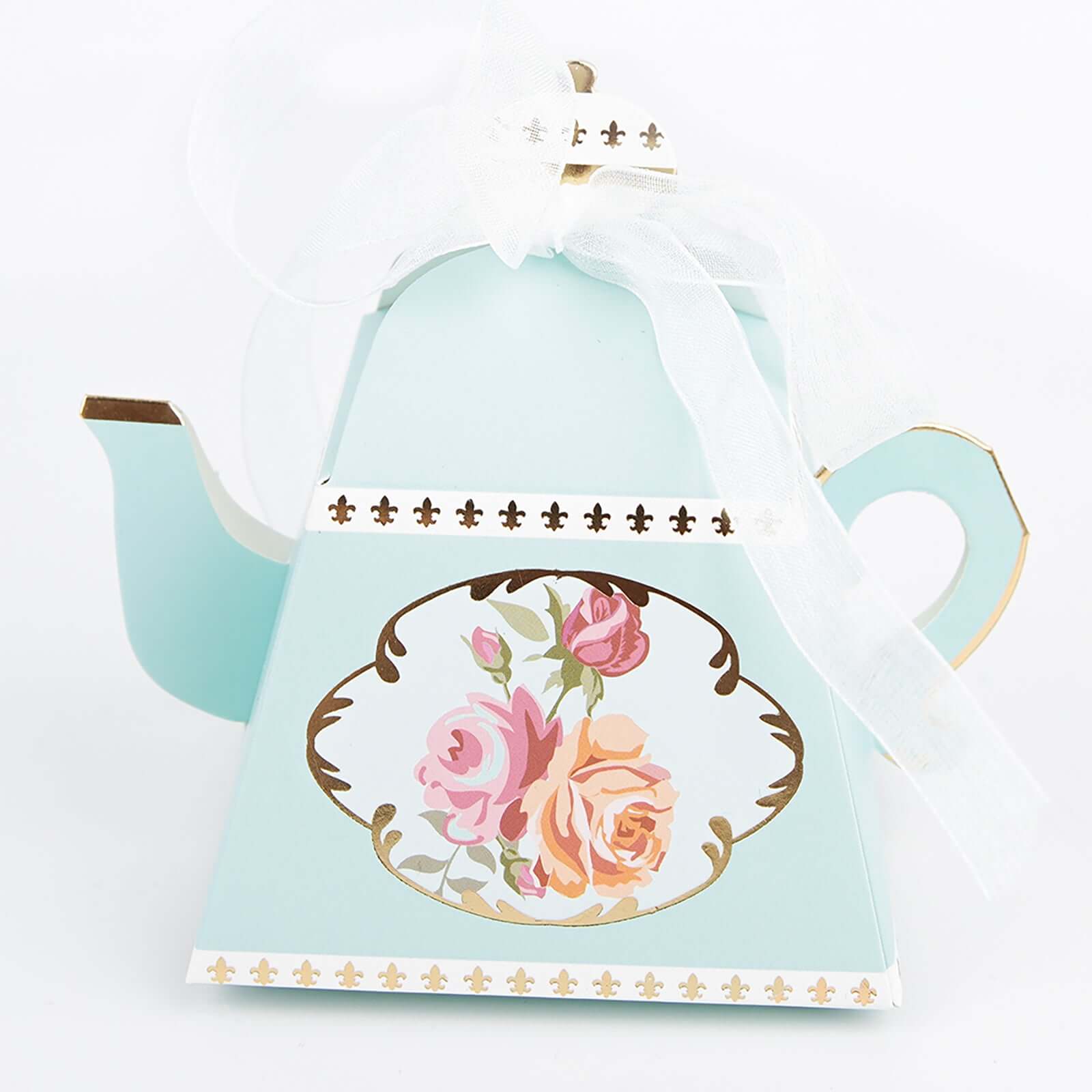 25 Pack 4 Light Turquoise Mini Teapot Favor Boxes, Vintage Rose Gift Boxes with Ribbons