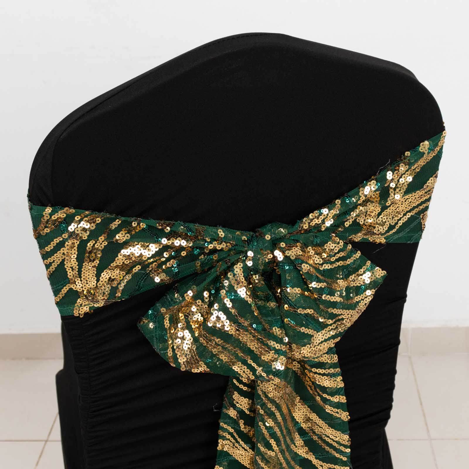 5 Pack Chair Sashes with Wave Embroidered Sequins Hunter Emerald Green/Gold 6x88