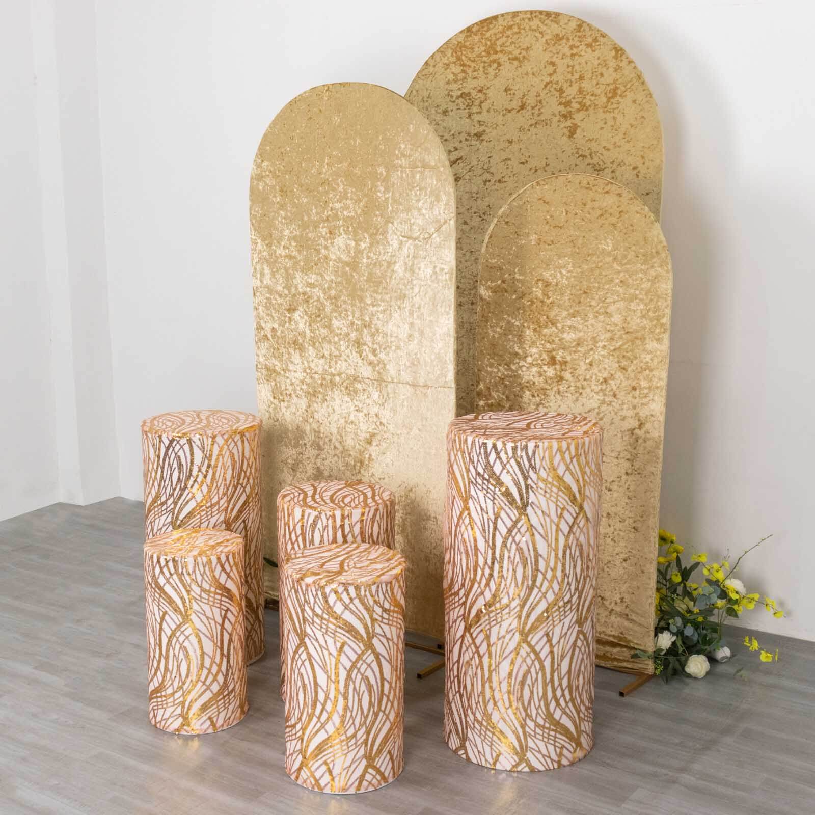 Set of 5 Rose Gold Wave Mesh Cylinder Pedestal Stand Covers with Embroidered Sequins, Pillar Prop Covers - 160 GSM