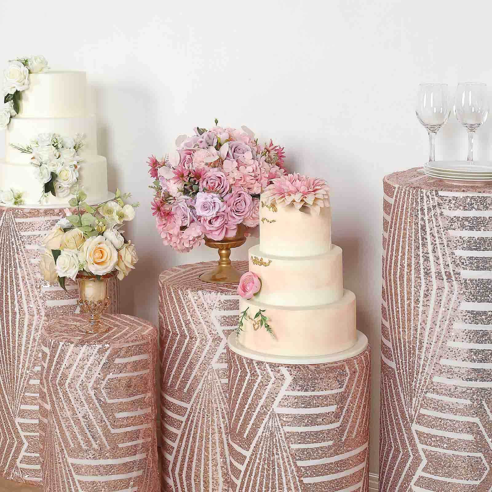 Set of 5 Rose Gold Sequin Mesh Cylinder Pedestal Stand Covers with Geometric Pattern Embroidery, Sparkly Sheer Tulle Pillar Prop Covers