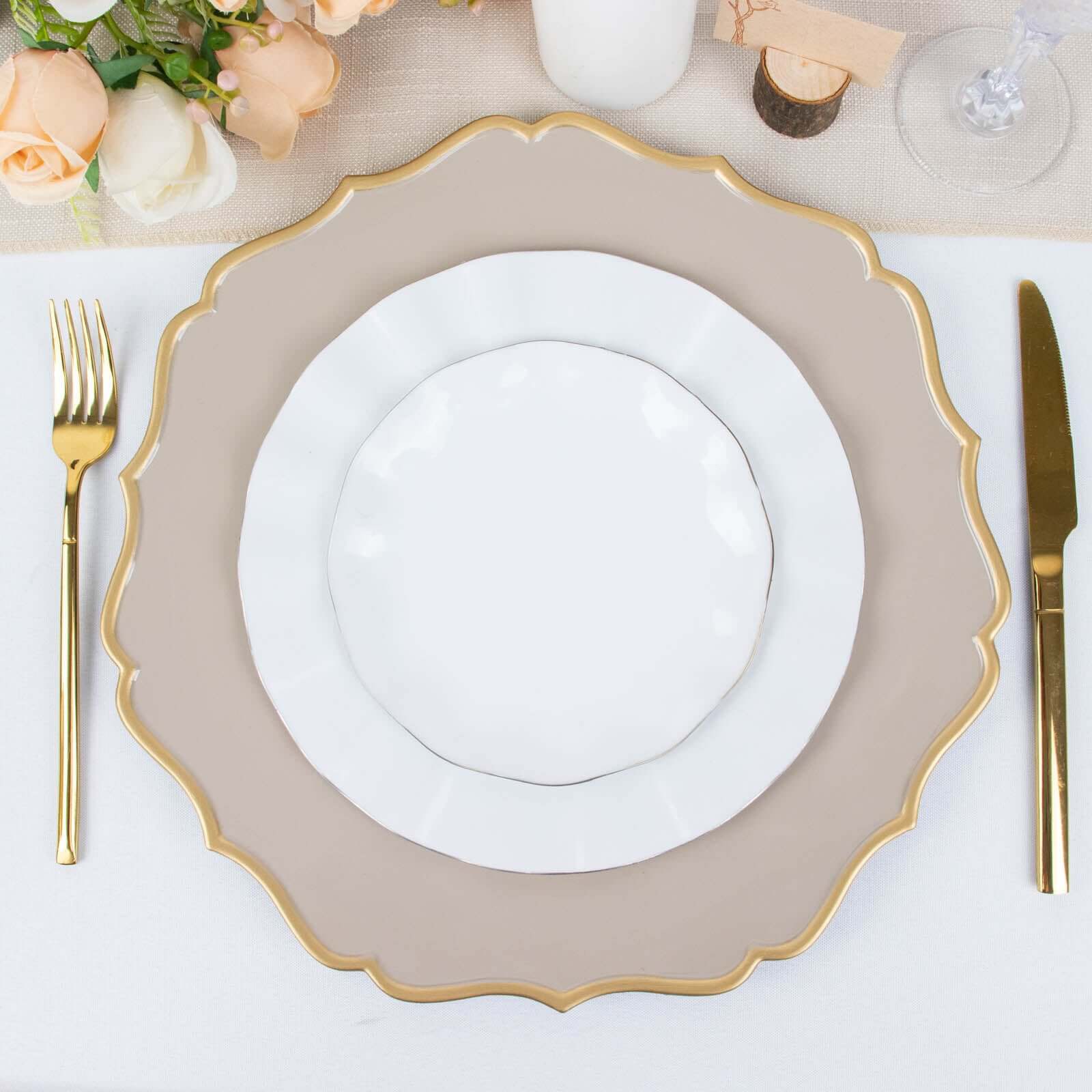 6-Pack Acrylic Round Charger Plates 13 in Taupe with Gold Scalloped Rim, Decorative Dinner Party Plastic Charger Tableware