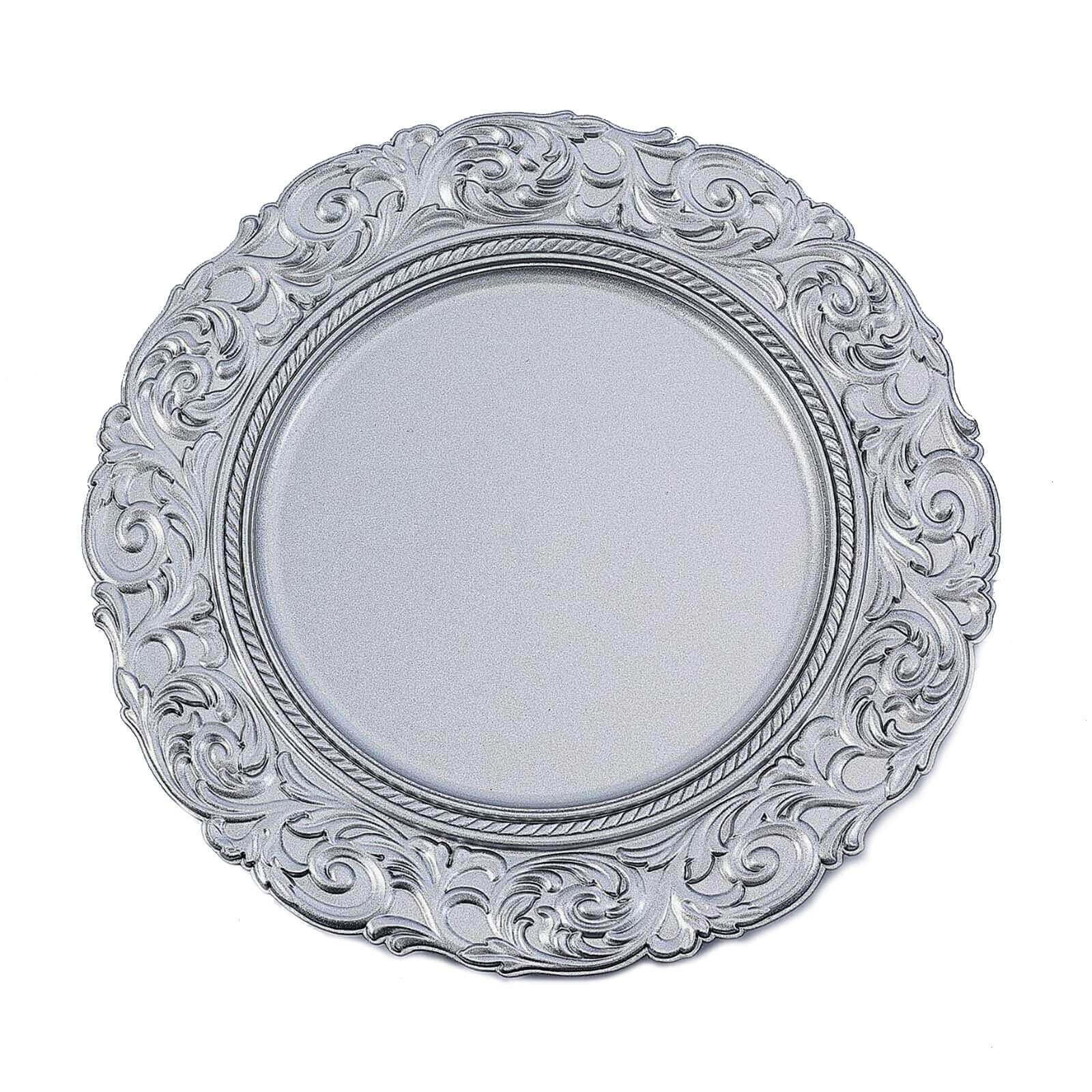 6-Pack Acrylic Round Charger Plates 14 in Silver with Engraved Baroque Rim, Vintage Disposable Decorative Chargers