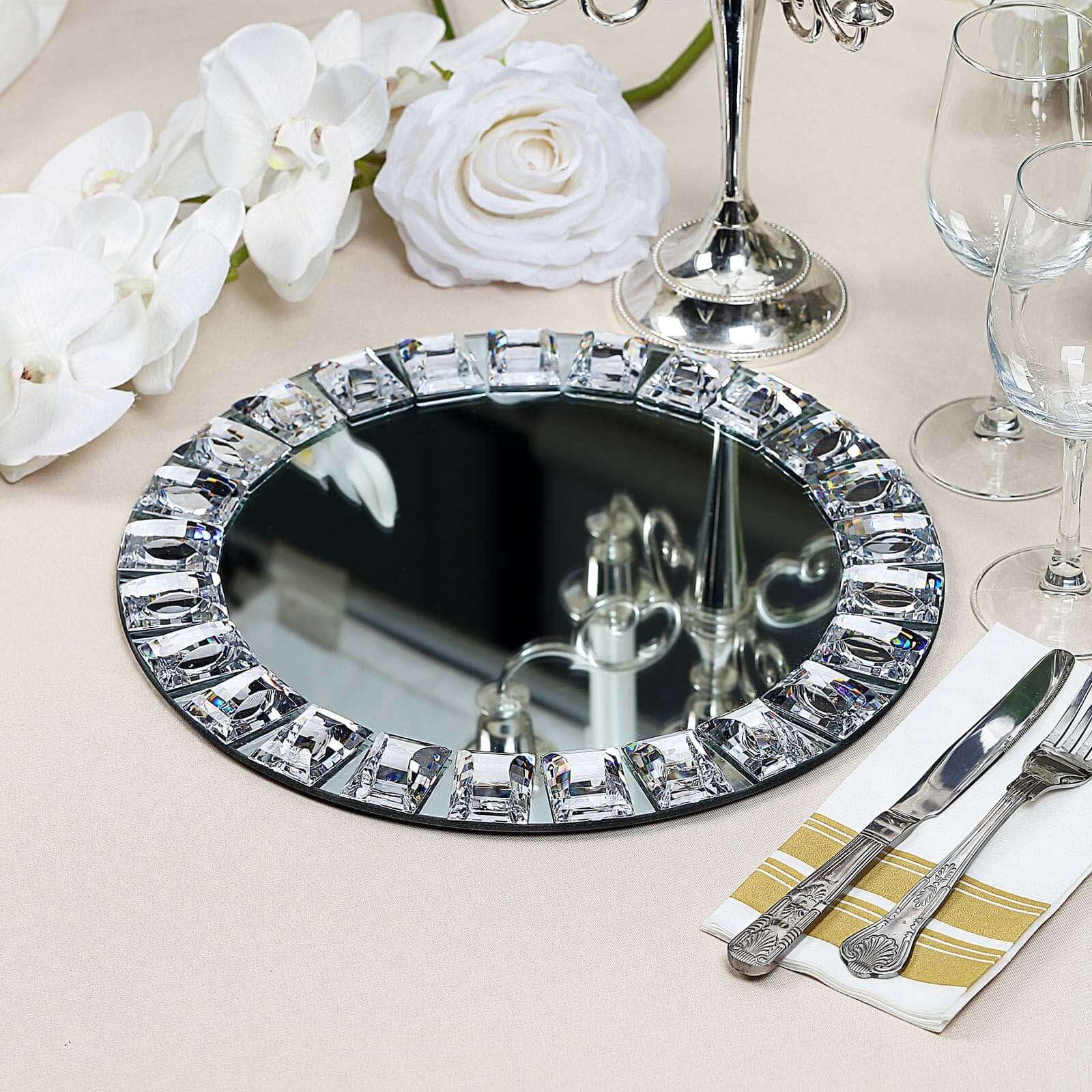 2-Pack Glass Mirror Round Charger Plates 13 in Silver with Jeweled Rim - Premium Decorative Dinner Party Charger Tableware