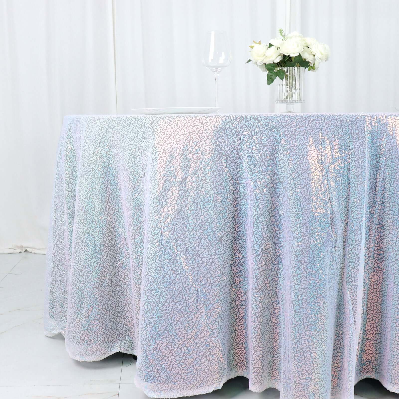 Sequin 132 Round Tablecloth Iridescent Blue - Seamless Dazzling Table Cover