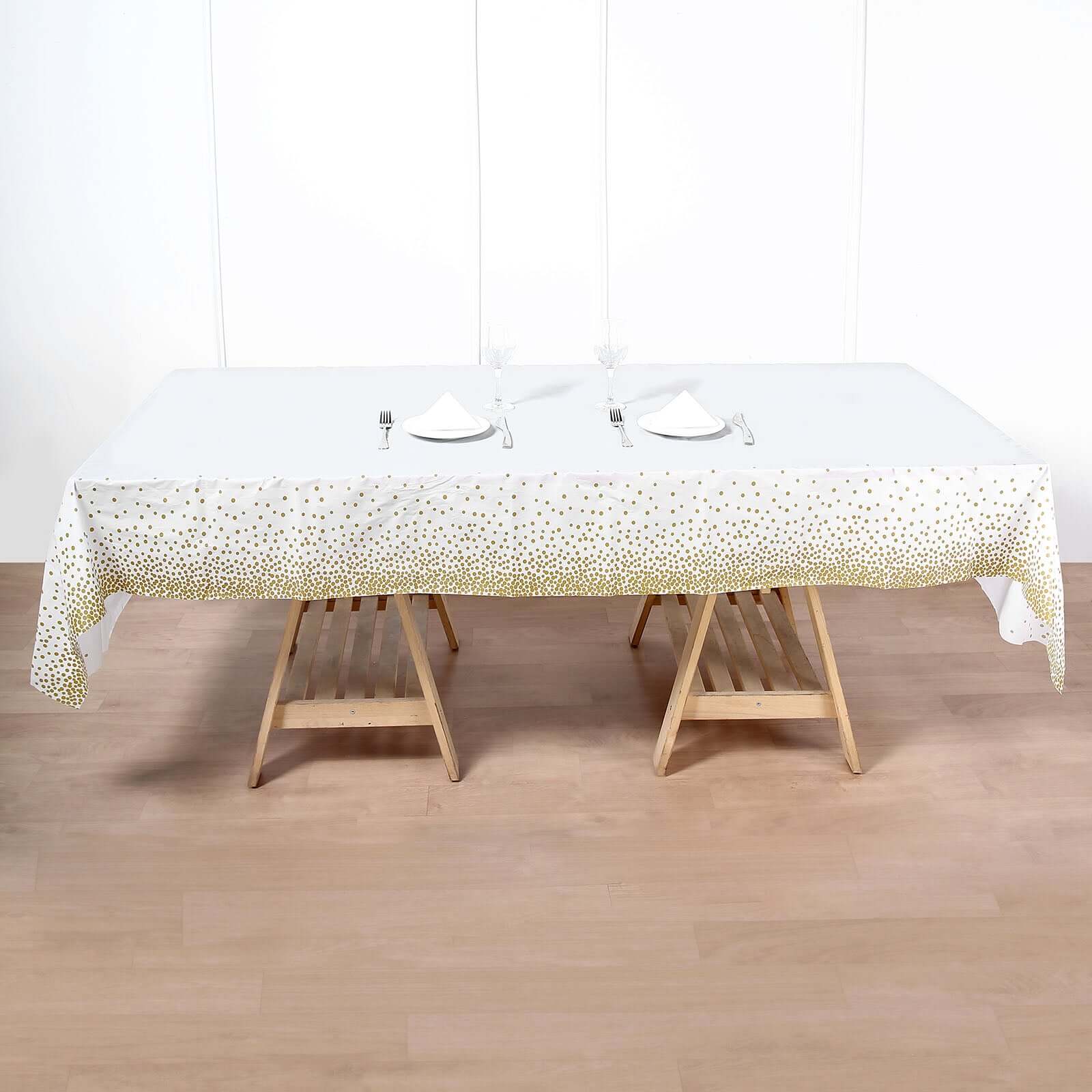 5-Pack Plastic Table Covers White Rectangle with Gold Confetti Dots - Durable PVC Disposable Tablecloths for Events 54x108