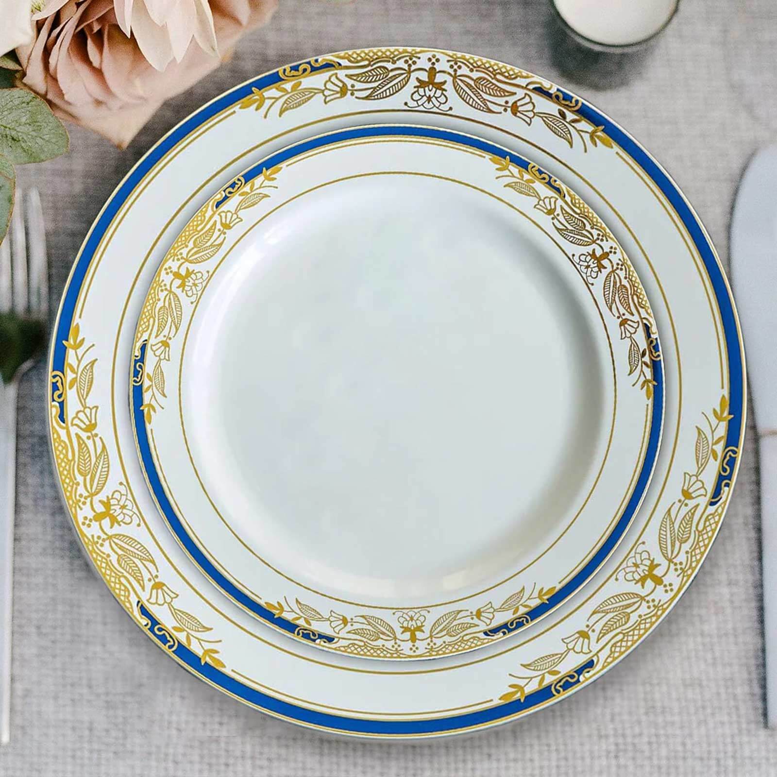 10-Pack Plastic 8 Round Dessert Plates in White with Royal Blue Rim - Stylish Gold Vine Design Disposable Salad/Appetizer Plates for Special Occasions & Celebrations