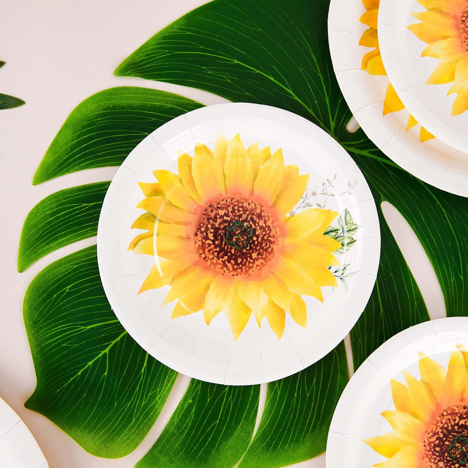 25-Pack Paper 7 Round Dessert Plates White with Sunflower Design - Disposable Salad Plates for Rustic Events & Garden Themes