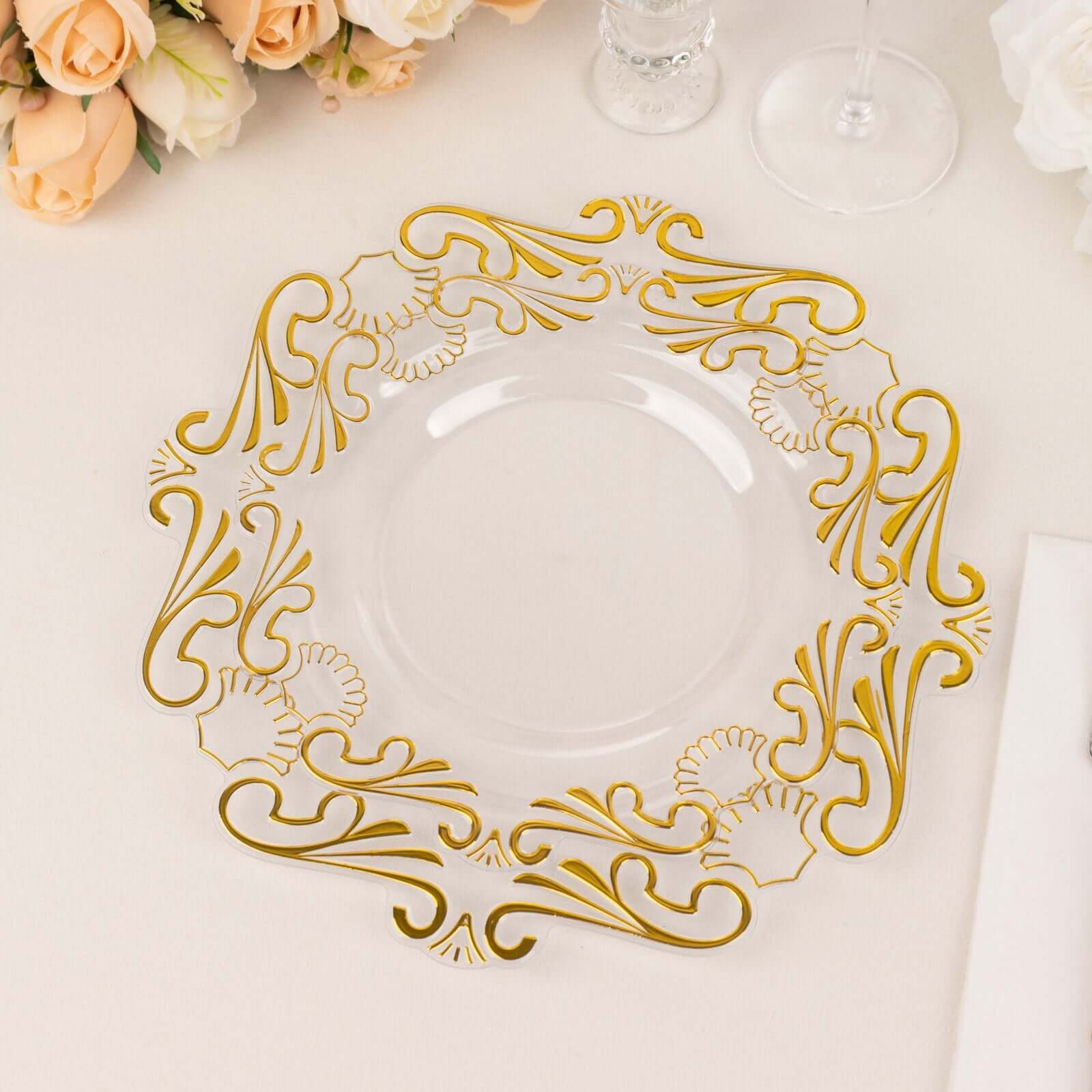 10-Pack Plastic 10 Round Dinner Plates in Clear with Gold Vintage Baroque Scalloped Rim - European Style Disposable Party Plates