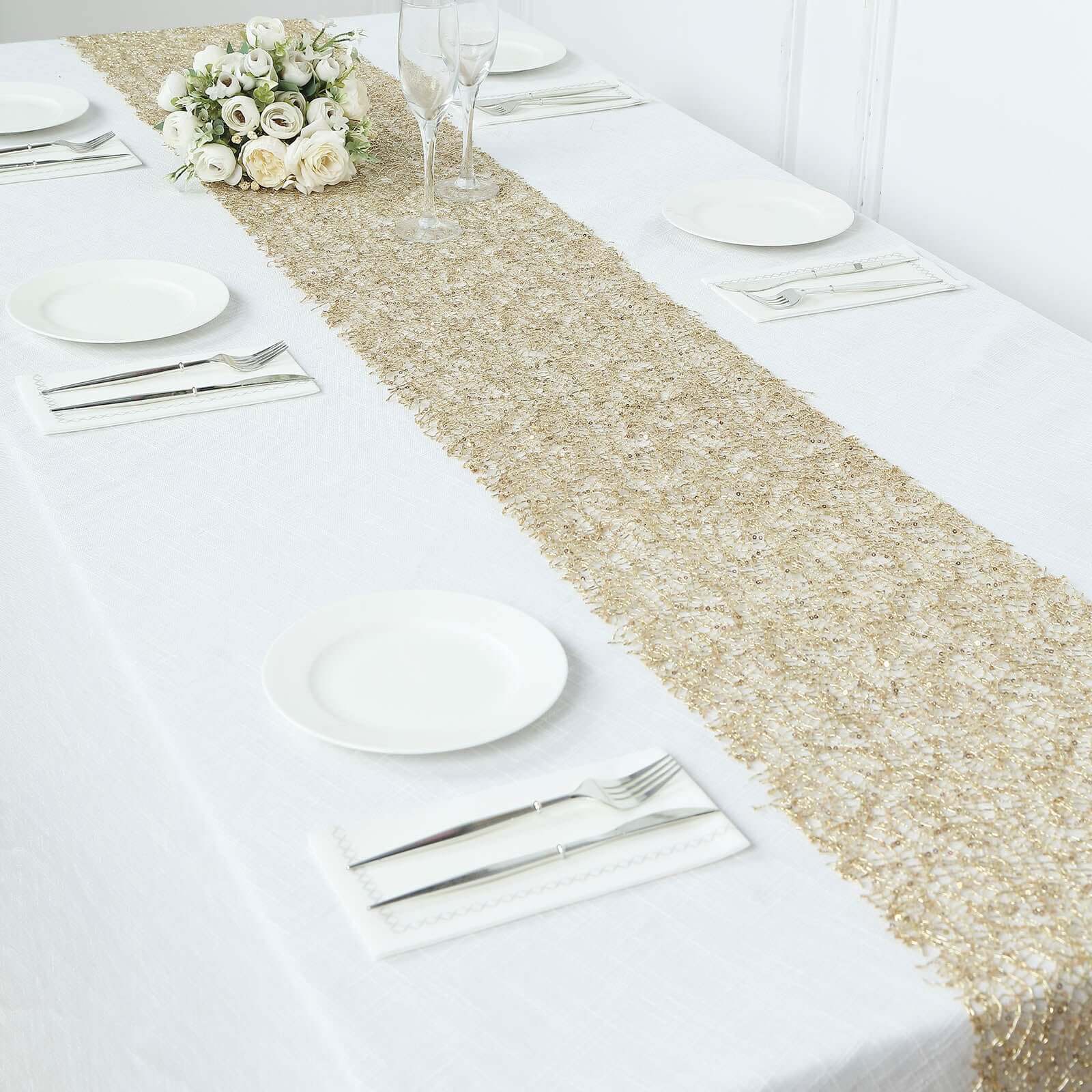 Mesh 12x108 Table Runner Gold - Sequin Schiffli Lace Design for Stylish Celebrations