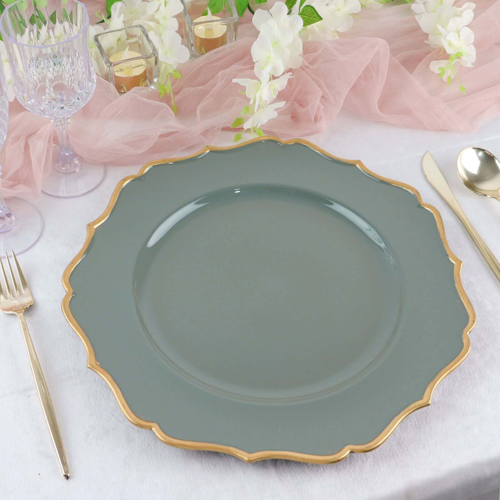 6-Pack Acrylic Round Charger Plates 13 in Olive Green with Gold Scalloped Rim, Decorative Dinner Party Plastic Charger Tableware