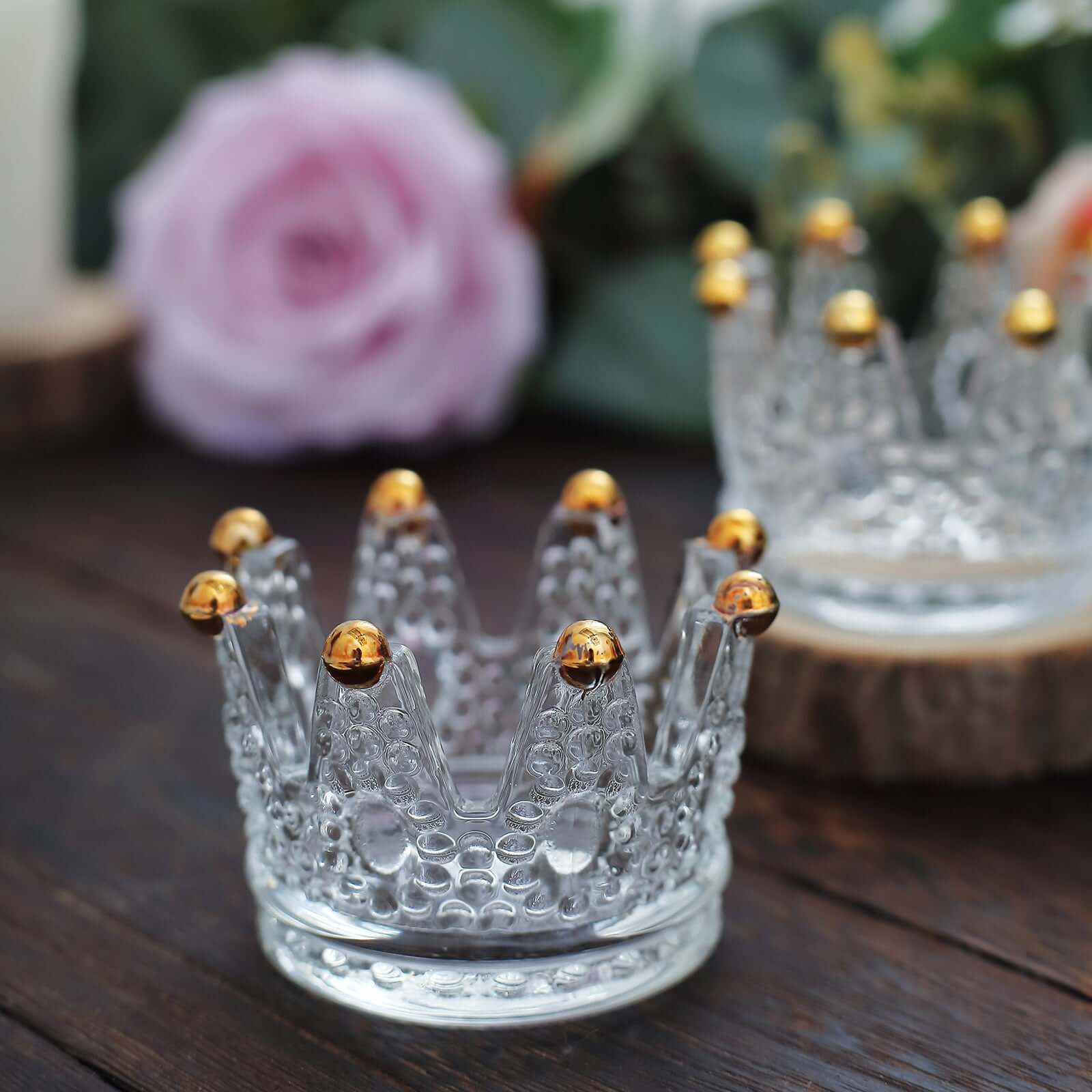 6-Pack Glass Crown Votive Candle Holders Clear Crystal Design with Gold Beaded Tips - Tea Light Holders 3x2