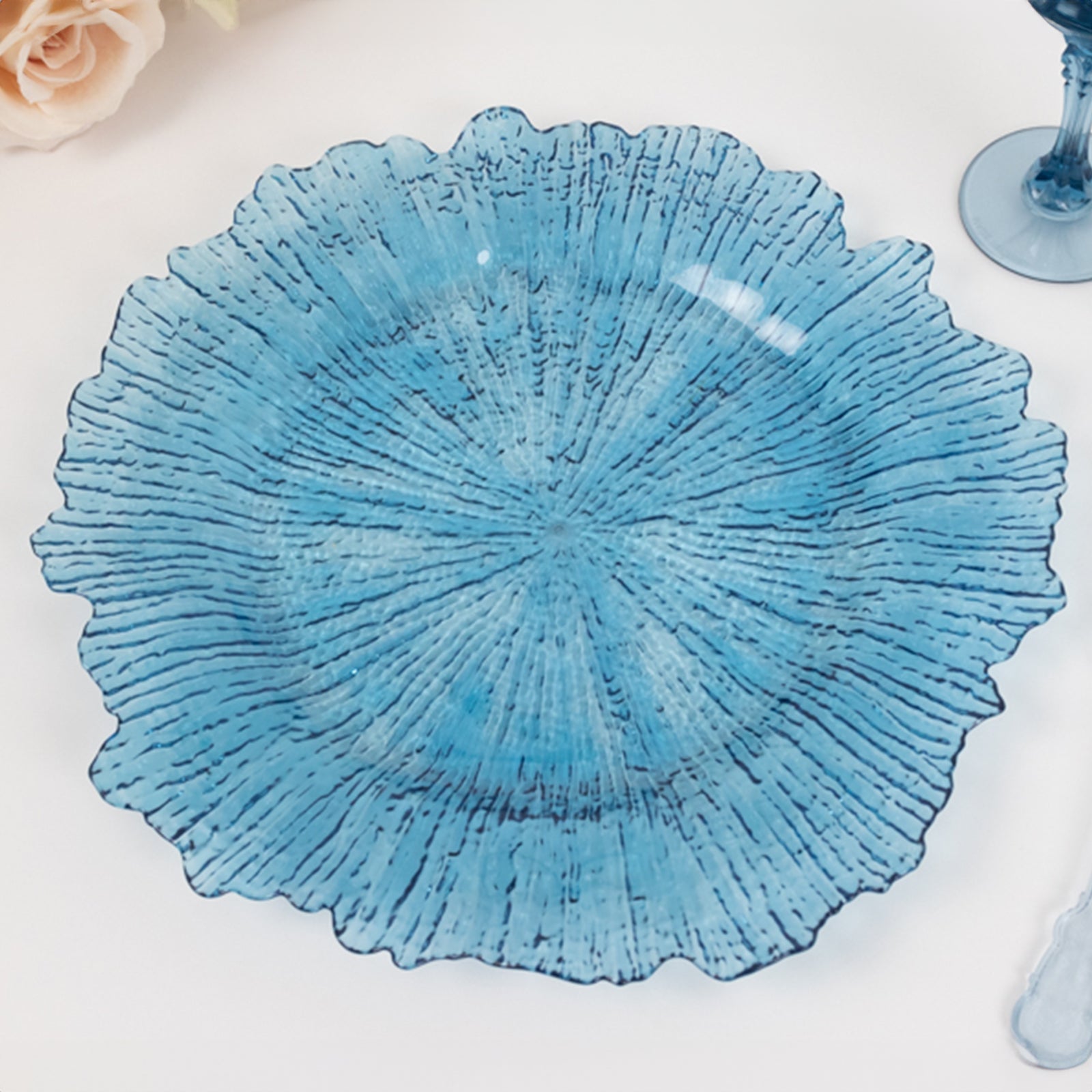 6-Pack Acrylic Plastic Round Charger Plates 13 in Transparent Dusty Blue with Reef Design, Dinner Charger Tableware