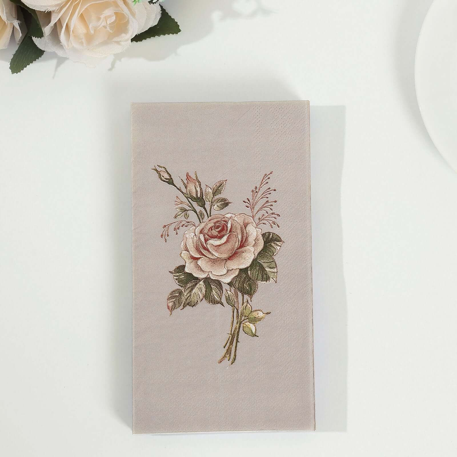 20-Pack Paper Dinner Napkins Ivory with Vintage Pink Rose Print 2 Ply - Stylish Boho Napkins for Events