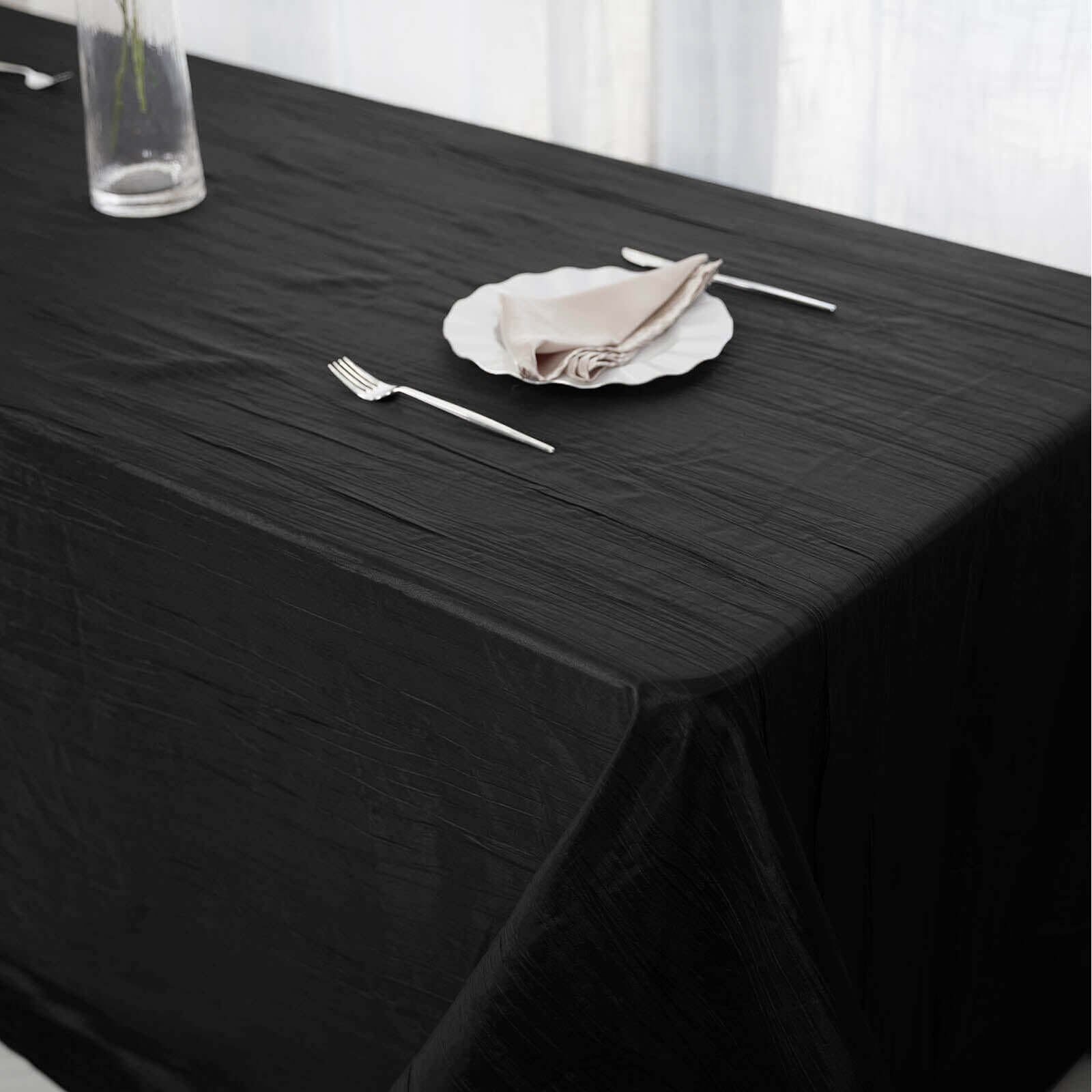 Taffeta 90x156 Rectangle Tablecloth Black - Accordion Crinkle Seamless Table Cover