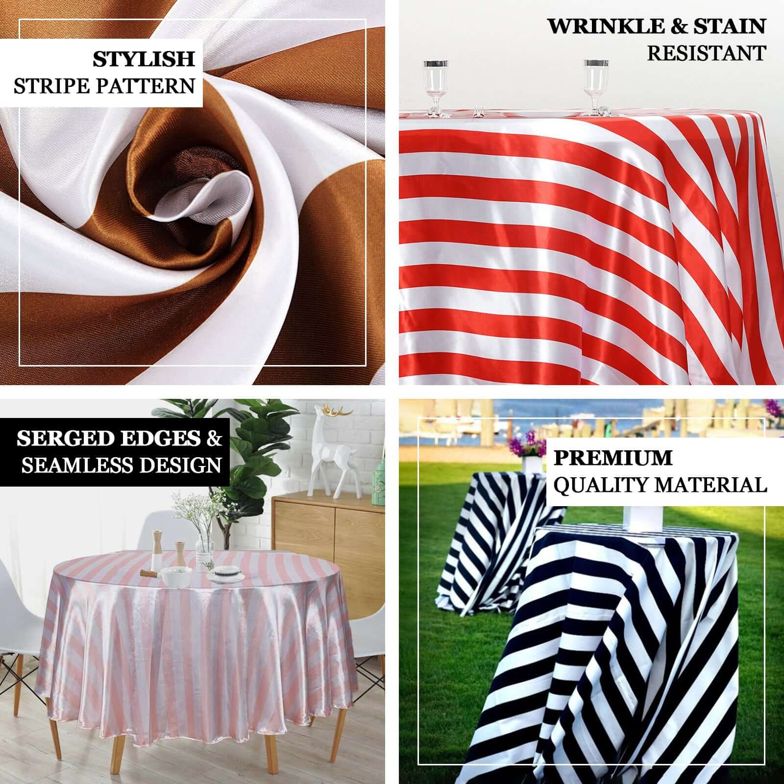 Satin 120 Round Tablecloth Red/White - Stripe Design with Seamless Silky Smooth Finish Table Cover