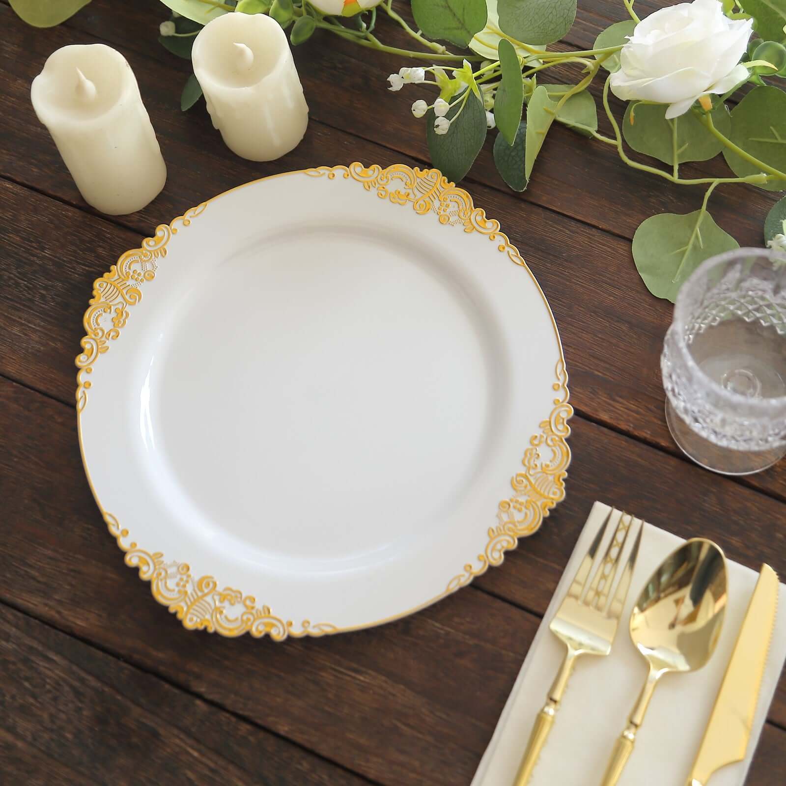 10-Pack Plastic 10 Round Dinner Plates in White with Gold Leaf Embossed Rim - Disposable Vintage Baroque Style Plates for Luxurious Gatherings & Events