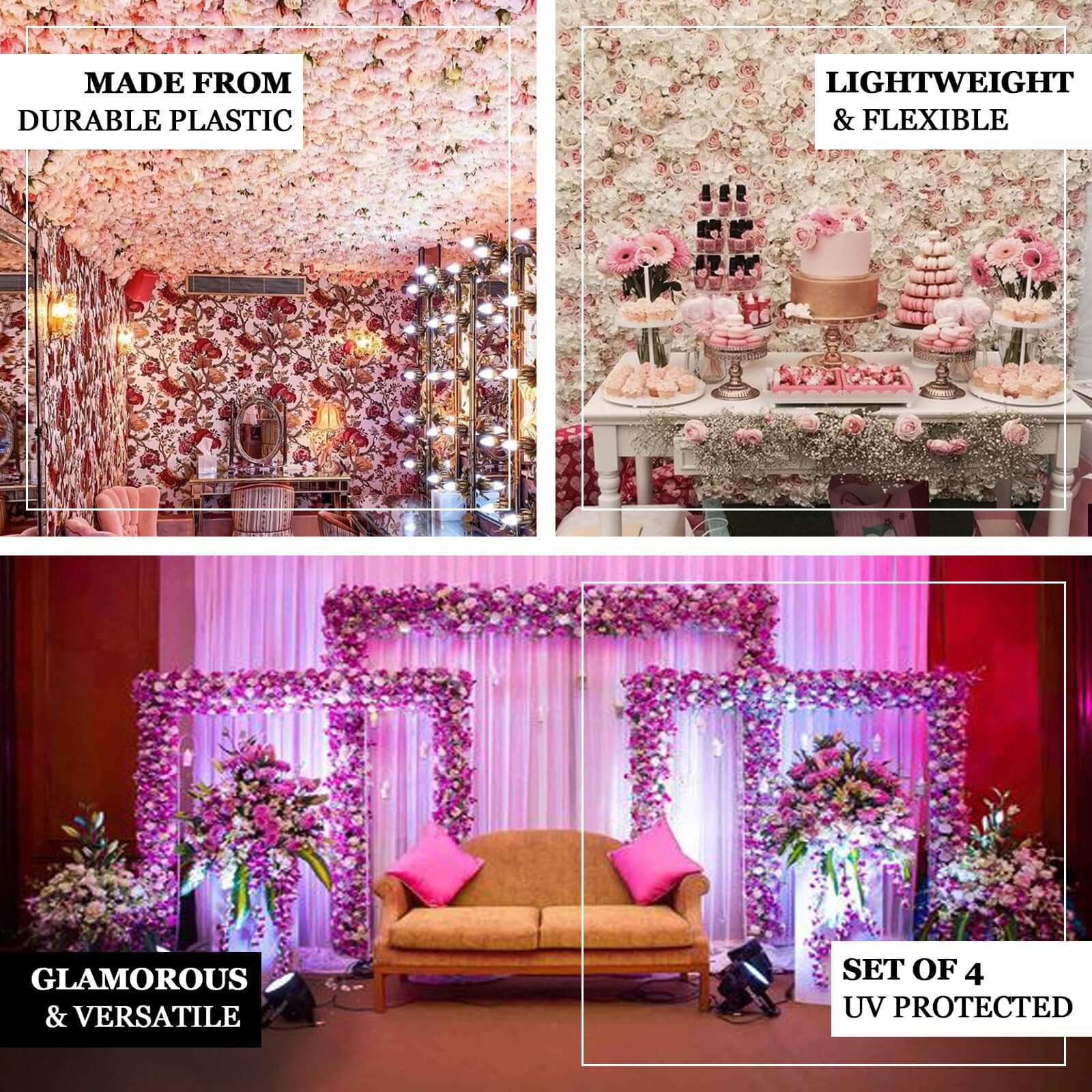 13 Sq ft. White Champagne UV Protected Assorted Flower Wall Mat Backdrop - 4 Artificial Panels