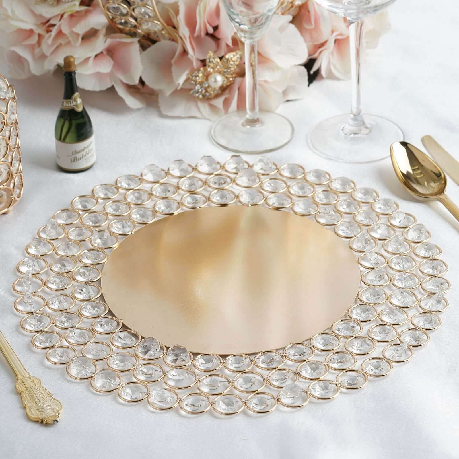 Wired Metal Round Charger Plate 14 in Gold with Acrylic Crystal Beads, Glamorous Decorative Dinner Charger Tableware