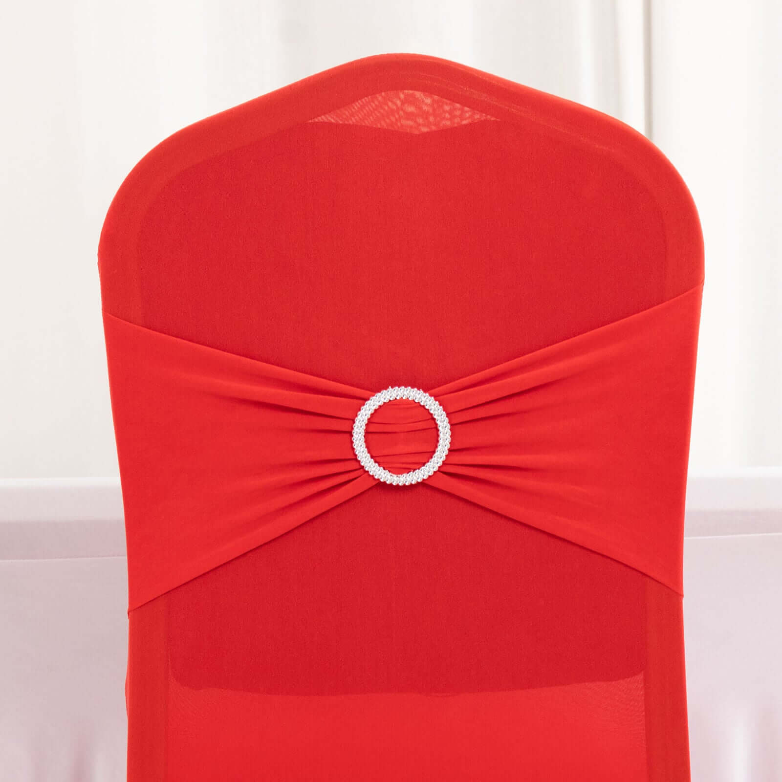 Spandex Chair Cover with Red Rhinestone Buckled Sash Band Blush - Stretch Fitted Slipcover