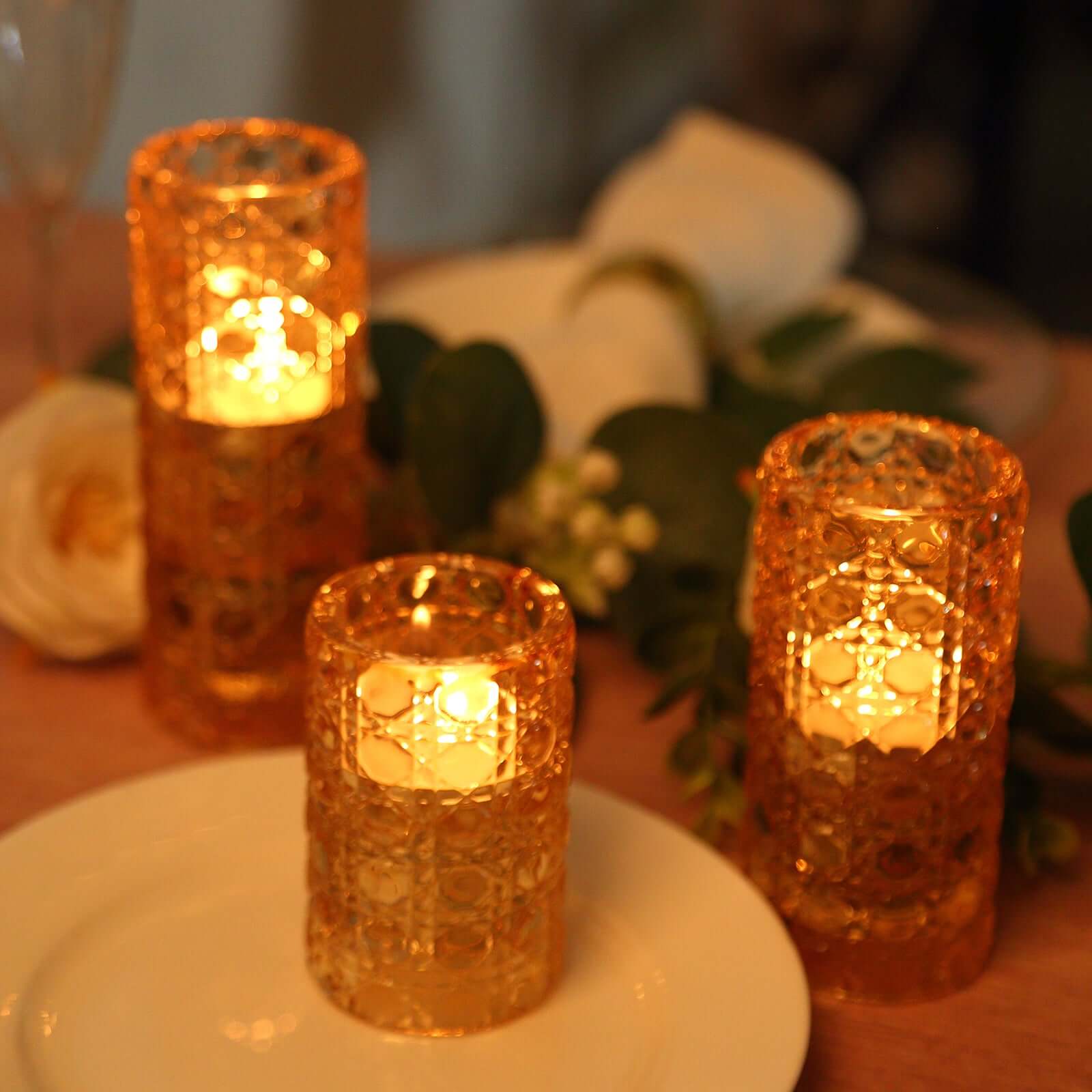 Set of 3 Glass Taper Candle Holders Amber Gold with Gemstone Pattern - Dual Sided Crystal Cylinder Tealight Stands 3, 4, 5.5