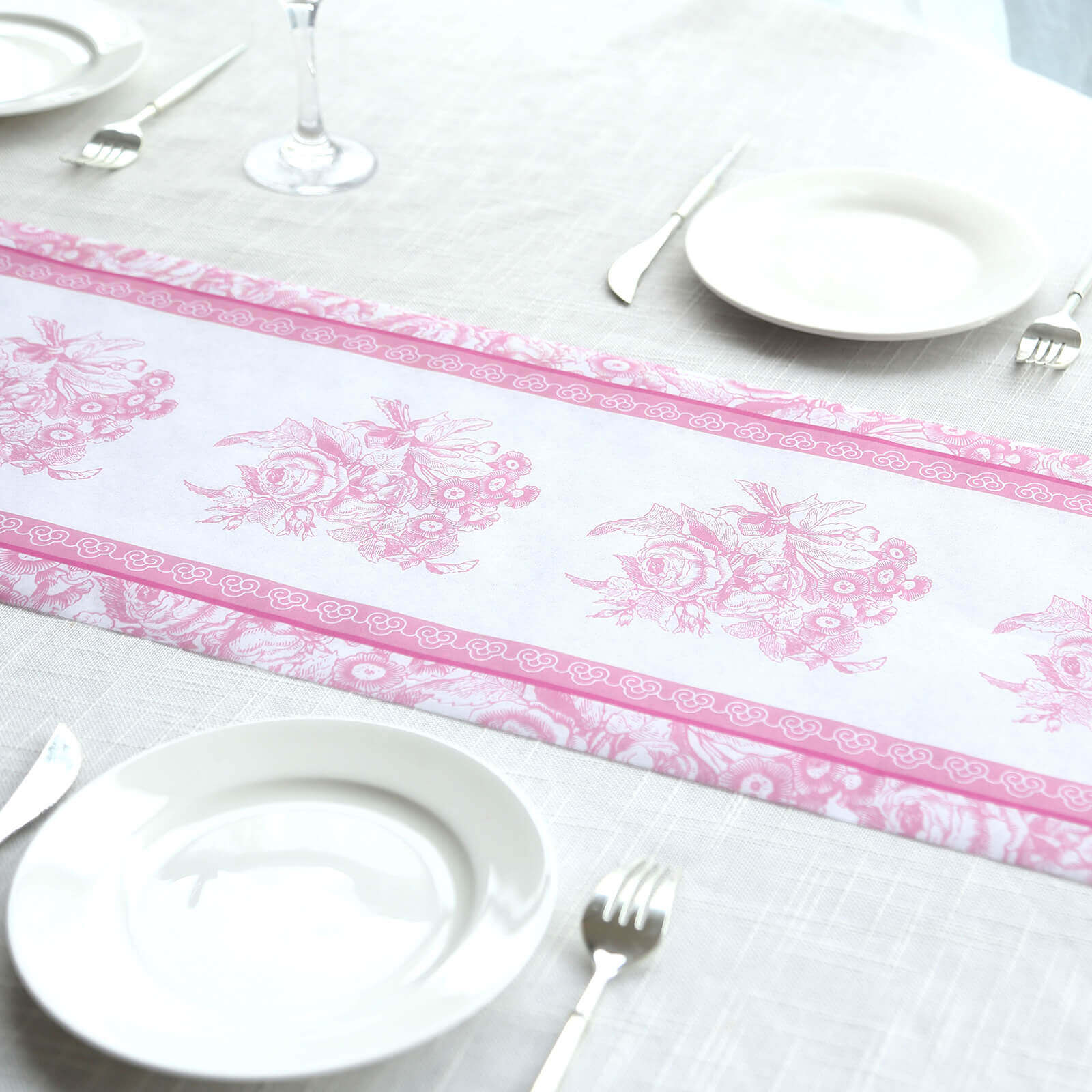 5 Pack Disposable Table Runners 11x108 White with Pink Floral Pattern - Non-woven Stylish Kitchen Dining Table Decor