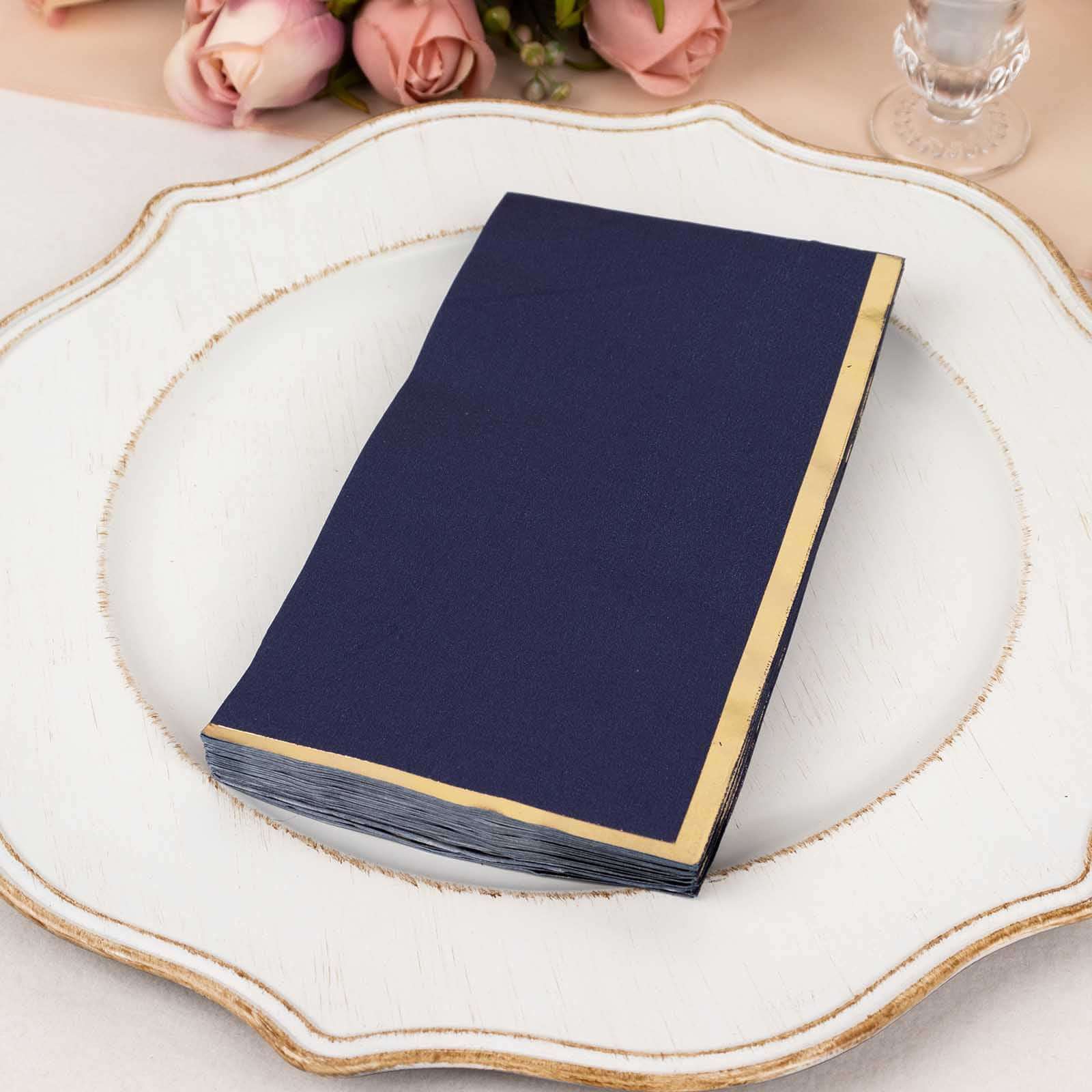 50-Pack Paper Dinner Napkins Navy Blue with Gold Foil Edge 2 Ply - Stylish Disposable Napkins