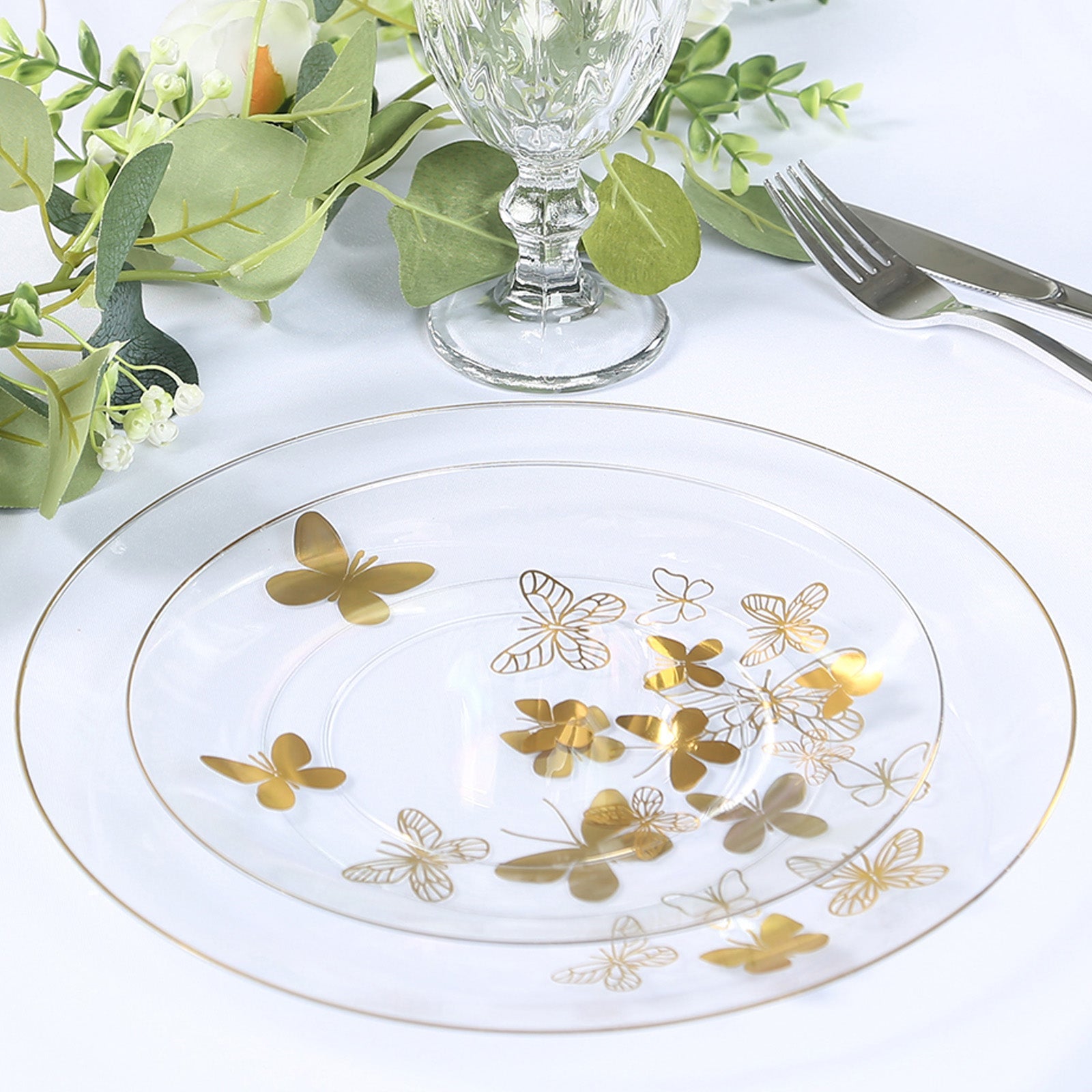 Set of 20 Plastic Round Dinner and Salad Plates in Clear with Gold Butterfly Design & Gold Rim - Stylish Disposable Dinnerware 8, 10