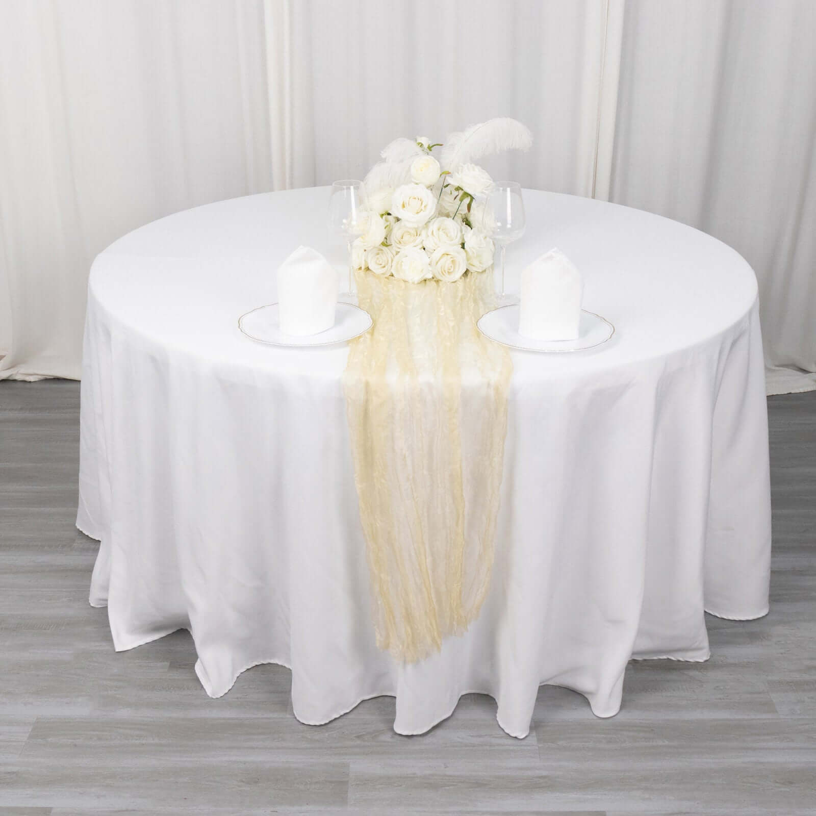 Sheer Crinkled Organza 9ft Table Runner Champagne - Rustic Chiffon Look