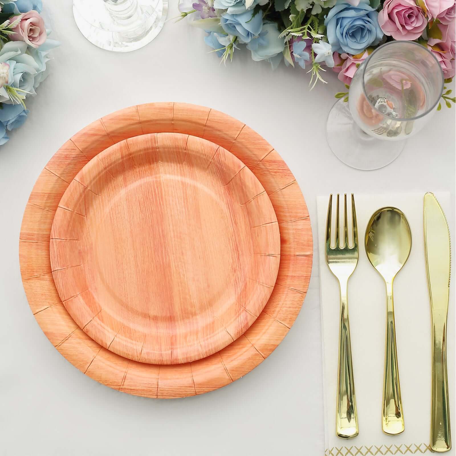 25-Pack Paper 7 Round Dessert Plates in Natural Wood Grain Print - Disposable Appetizer Salad Plates for Rustic Farmhouse Style Events