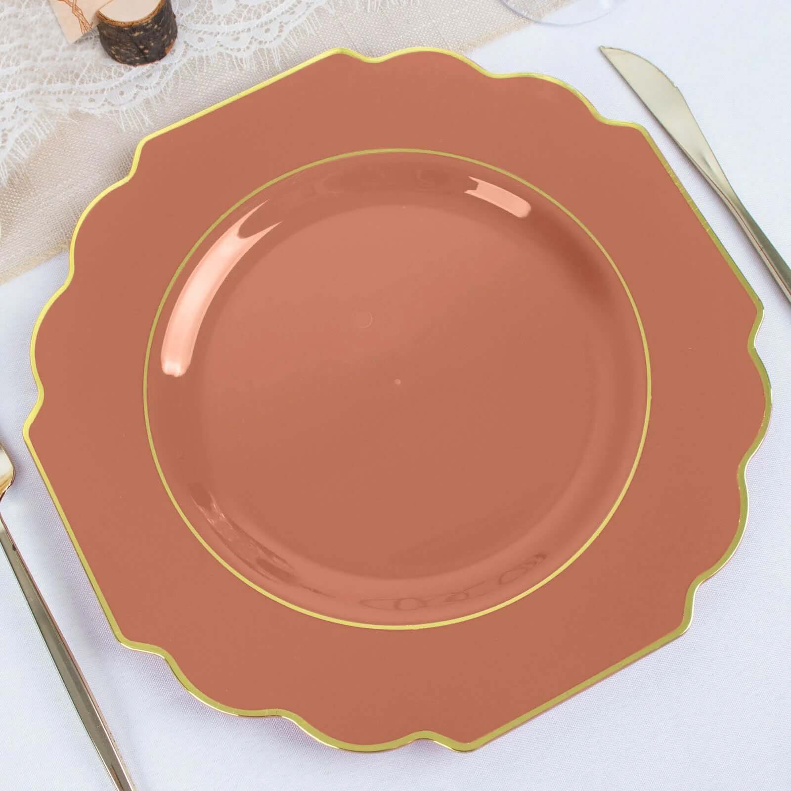 10-Pack Plastic Dinner Plates in Terracotta (Rust) Baroque Design with Scalloped Gold Rim - Heavy Duty Disposable Party Plates 11