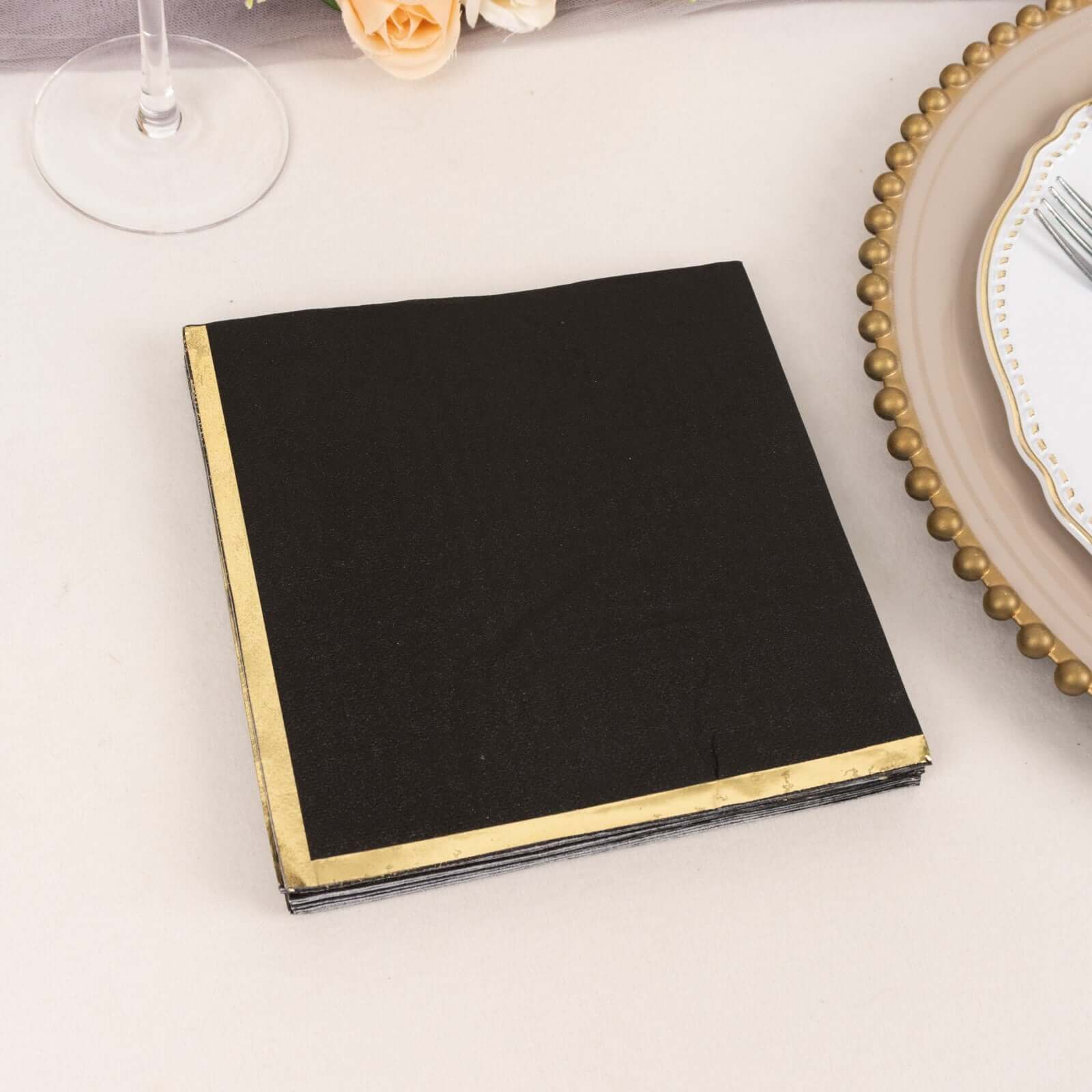 50-Pack Paper Beverage Napkins with Gold Foil Edge Black - Disposable 2 Ply Cocktail Napkins for Events 6.5x6.5