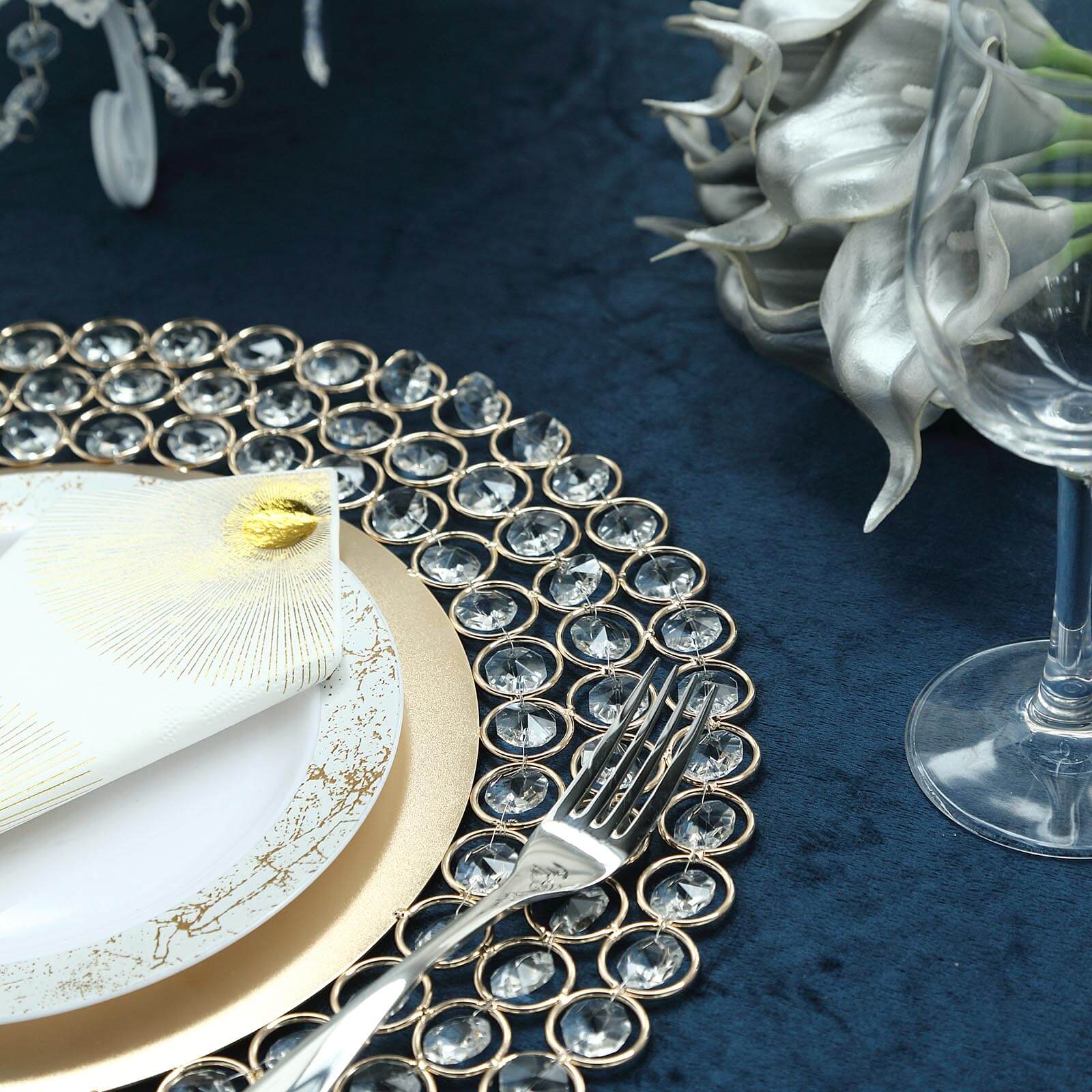 Wired Metal Round Charger Plate 14 in Gold with Acrylic Crystal Beads, Glamorous Decorative Dinner Charger Tableware