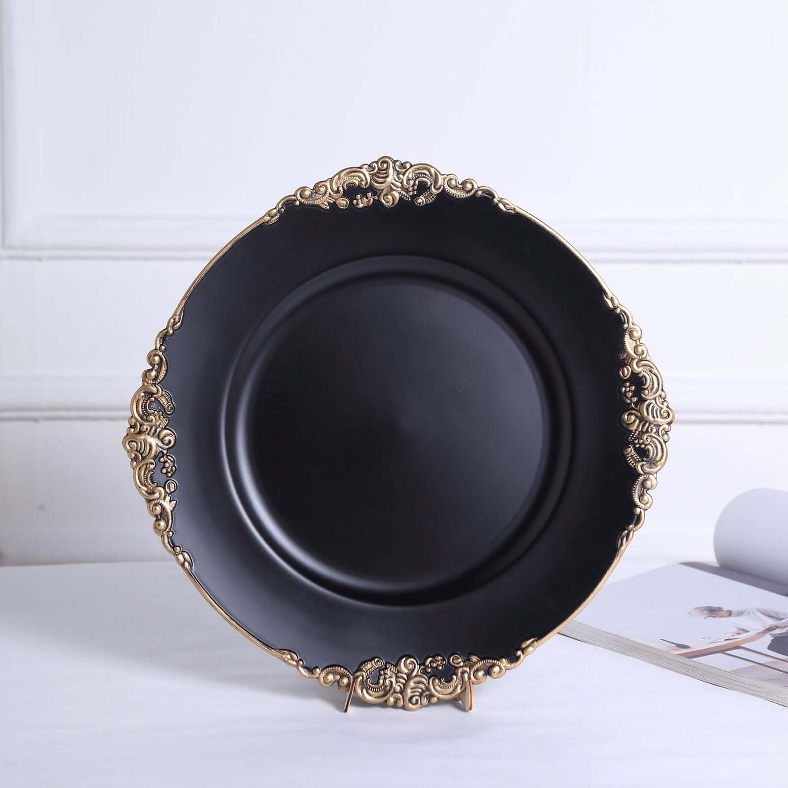 6-Pack Acrylic Round Charger Plates 13 in Matte Black with Gold Embossed Baroque Rim, Antique Decorative Dinner Party Charger Tableware