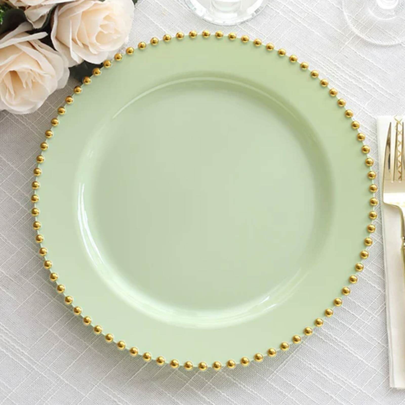 10-Pack Plastic 10 Round Dinner Plates in Sage Green with Gold Beaded Rim - Disposable Party Plates