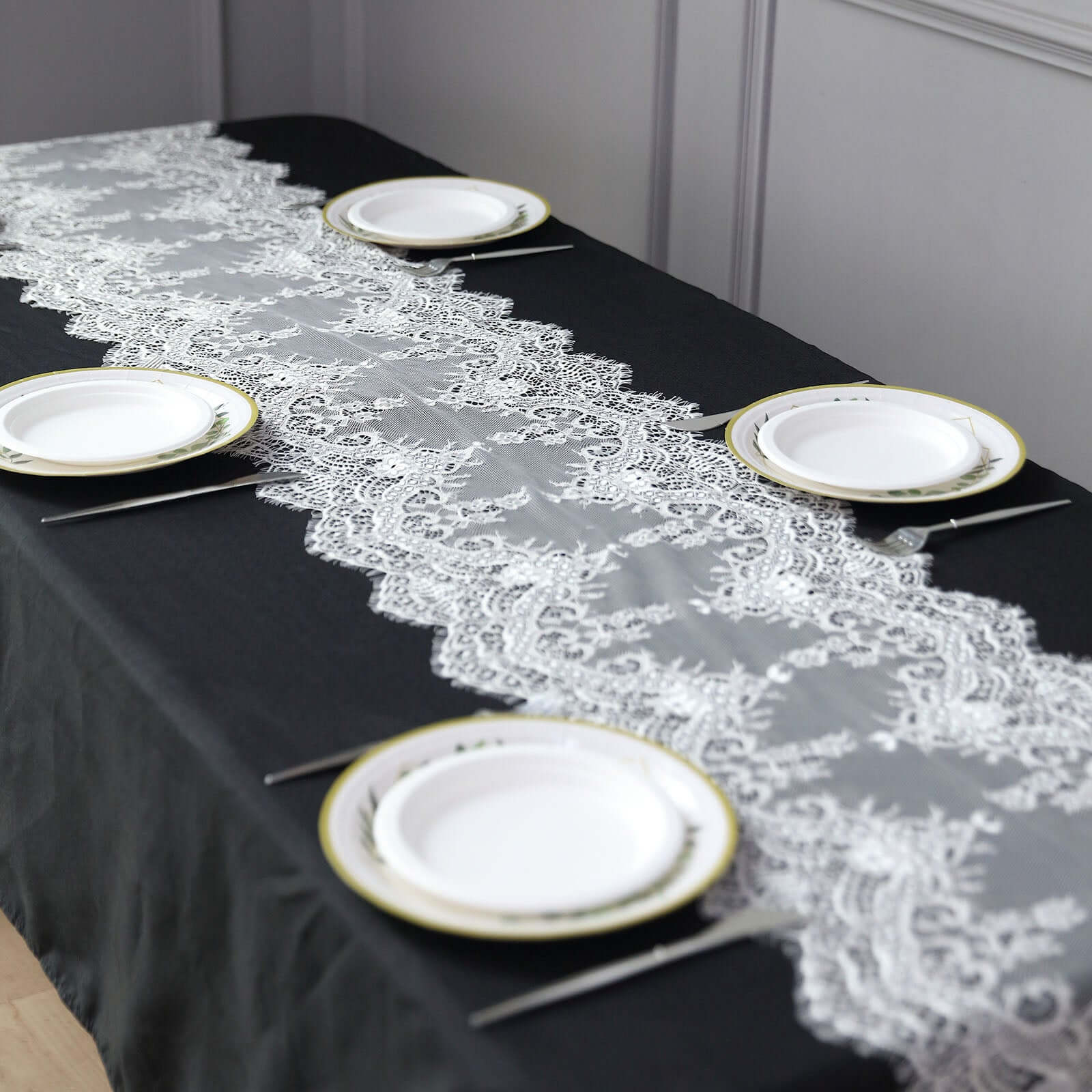 Premium Lace Fabric 15x117 Table Runner Ivory - Scalloped Lace Elegance