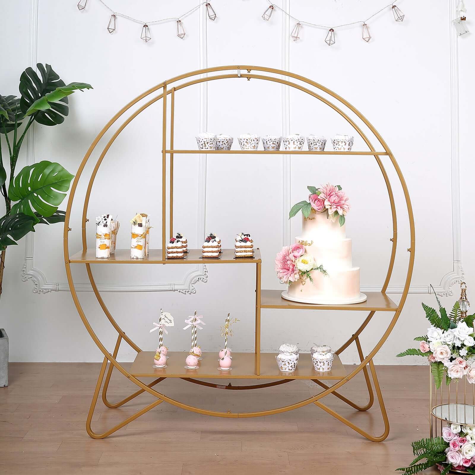 Metal Round Cake Dessert Display Stand 4ft Gold - Sturdy Large Modern Shelf Rack for Event Backdrops Balloon Garlands Floral Installations & Bookcase