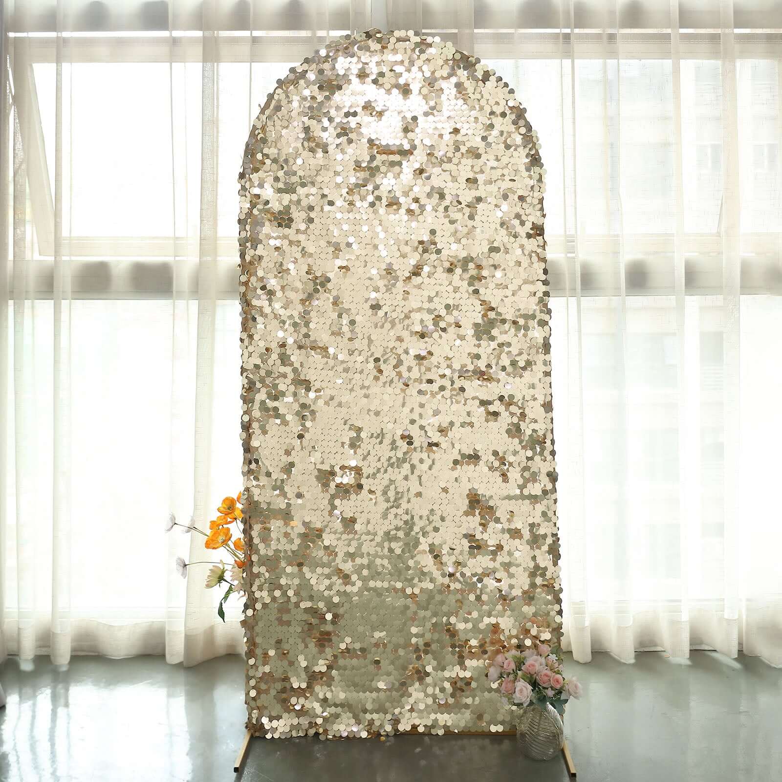 6ft Sparkly Champagne Double Sided Big Payette Sequin Chiara Backdrop Stand Cover For Fitted Round Top Wedding Arch