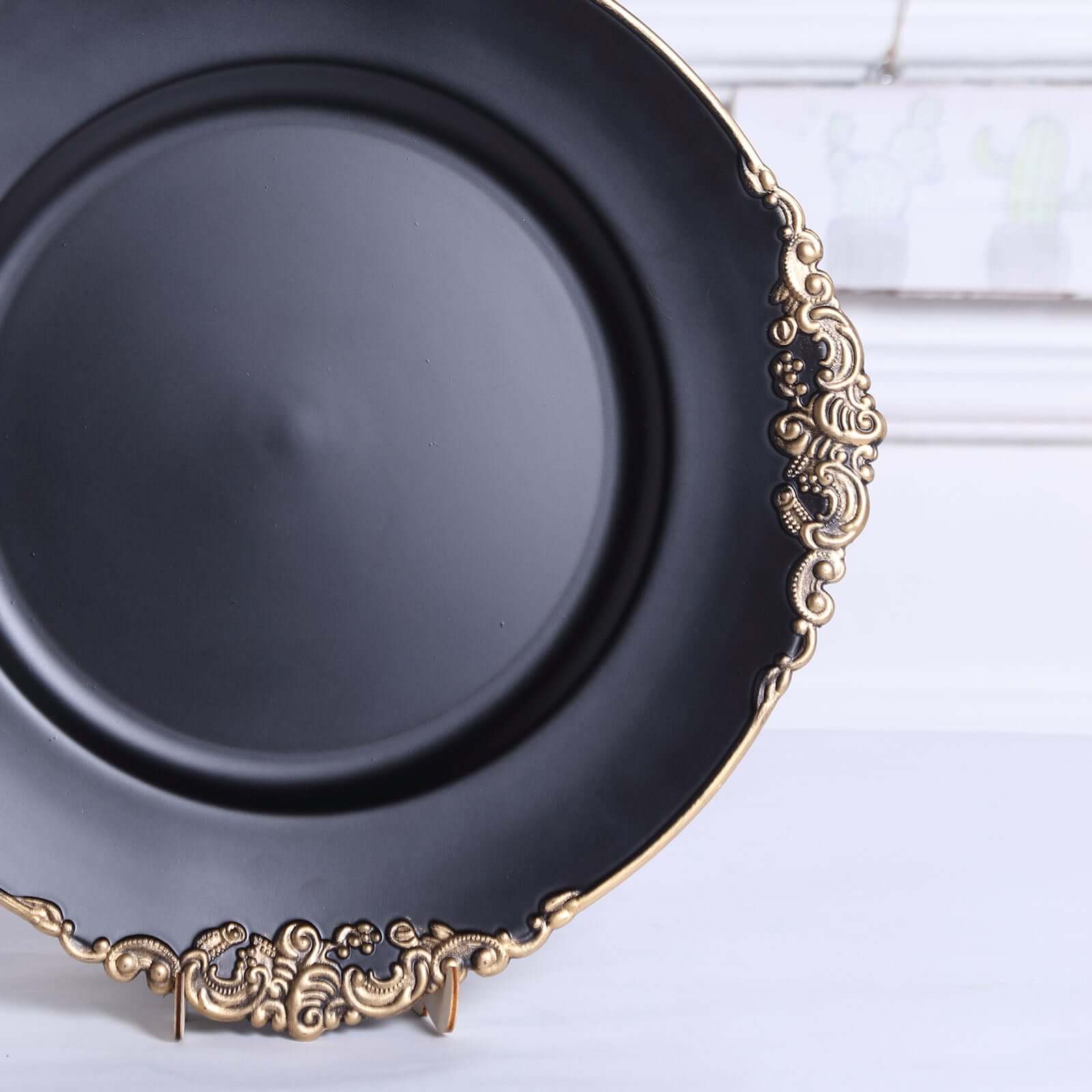 6-Pack Acrylic Round Charger Plates 13 in Matte Black with Gold Embossed Baroque Rim, Antique Decorative Dinner Party Charger Tableware