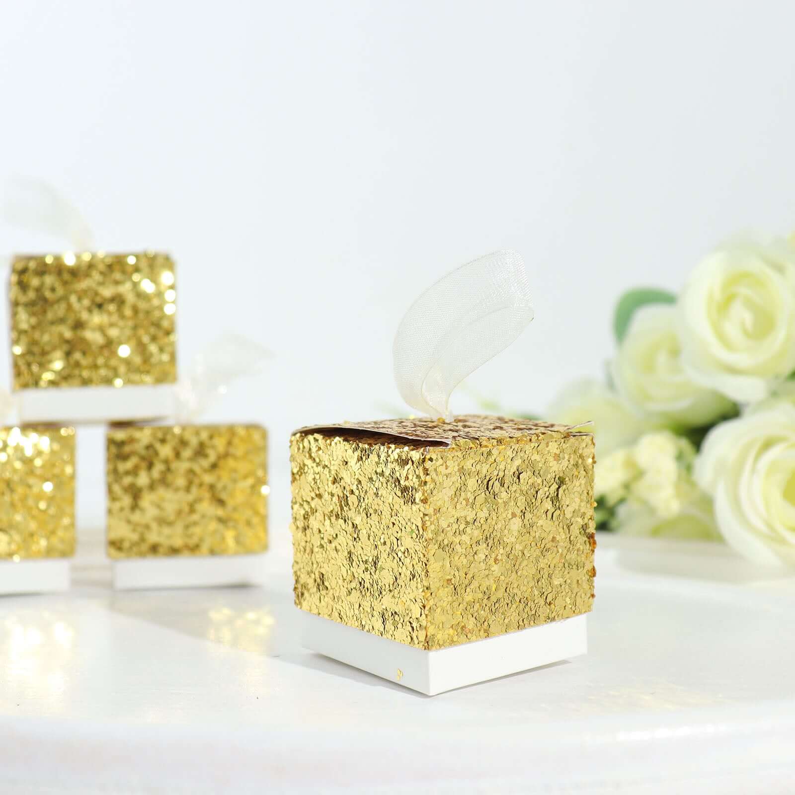 25 Pack 2 Gold Sequin Glitter Party Favor Boxes With White Ribbon Loop, Wedding Favor Gift Boxes, Candy Cases