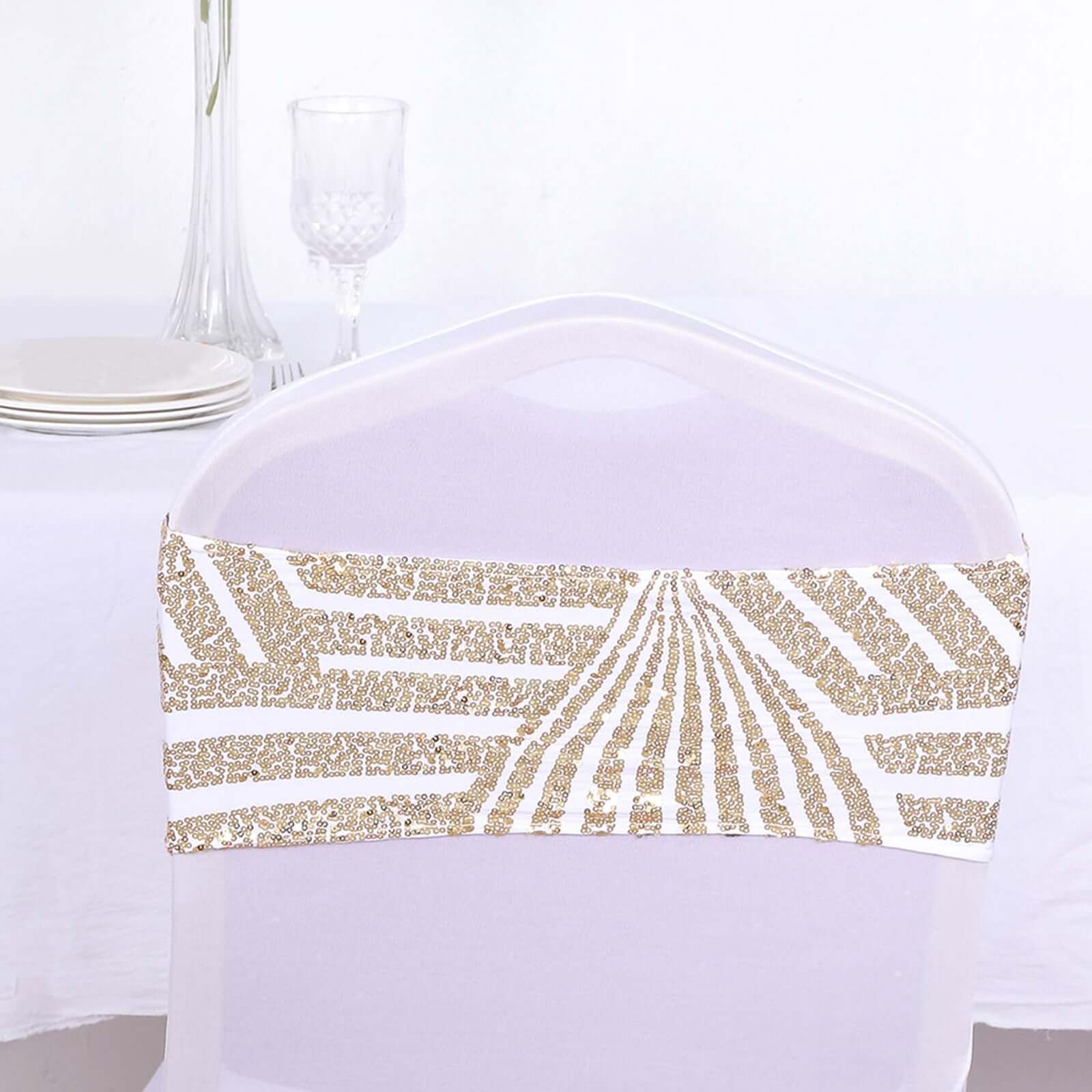 5 Pack Sequin Spandex Chair Sash White with Gold Geometric Diamond Glitz Pattern - Durable & Easy To Use Stretchable Chair Bands for High-End Gatherings