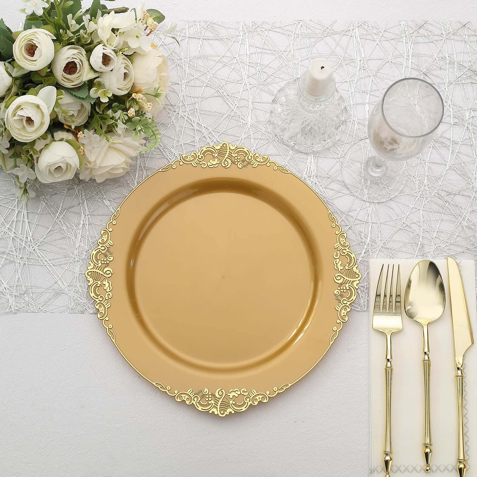 10-Pack Plastic 10 Round Dinner Plates in Gold with Leaf Embossed Rim - Disposable Vintage Baroque Style Plates for Luxurious Gatherings & Events