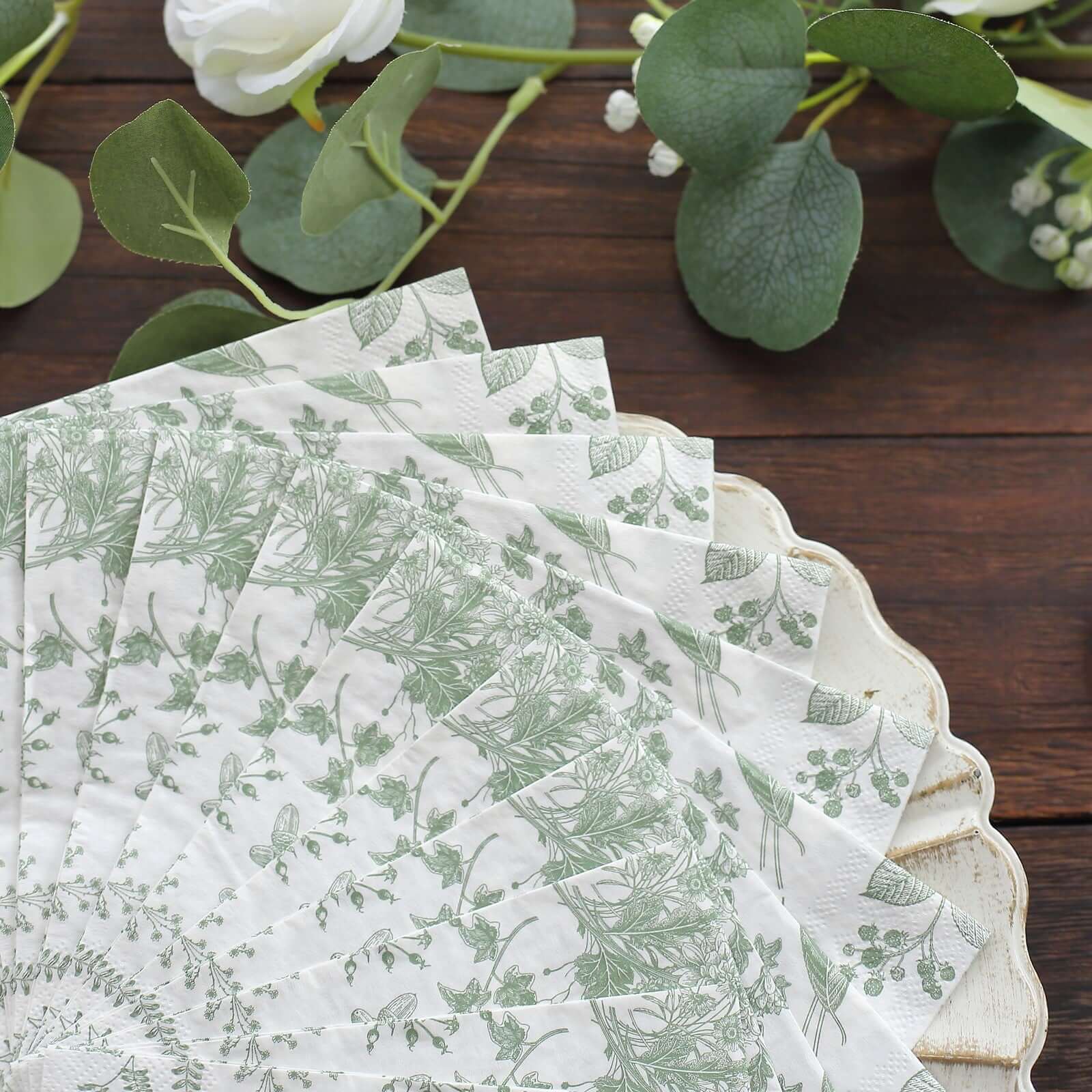 20-Pack Paper Cocktail Napkins with French Toile Print White/Sage Green - Disposable 2 Ply Beverage Napkins for Events 5x5