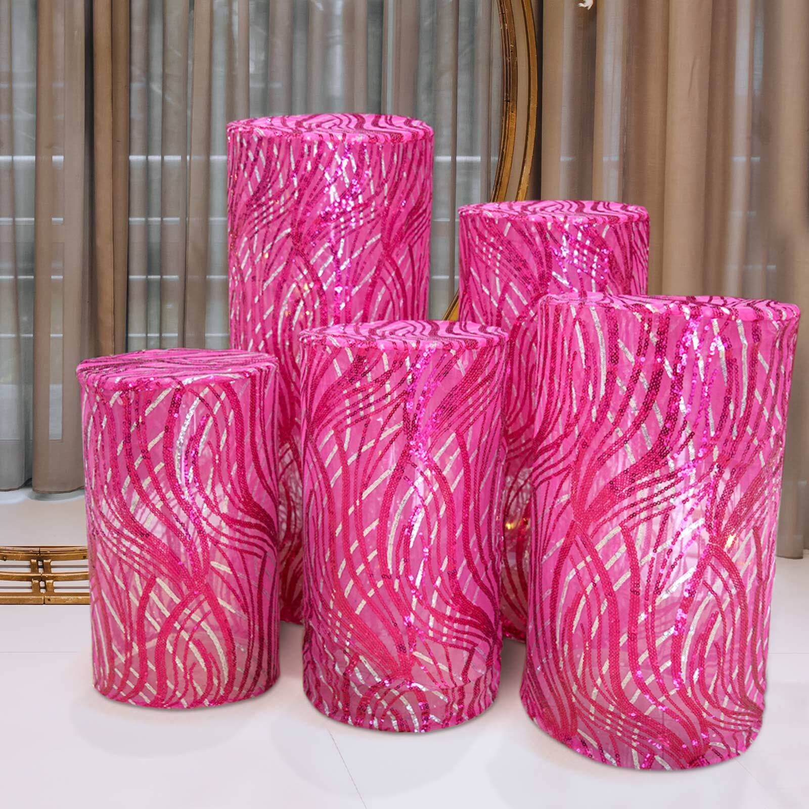 Set of 5 Fuchsia Wave Mesh Cylinder Pedestal Stand Covers with Embroidered Sequins, Pillar Prop Covers - 160 GSM